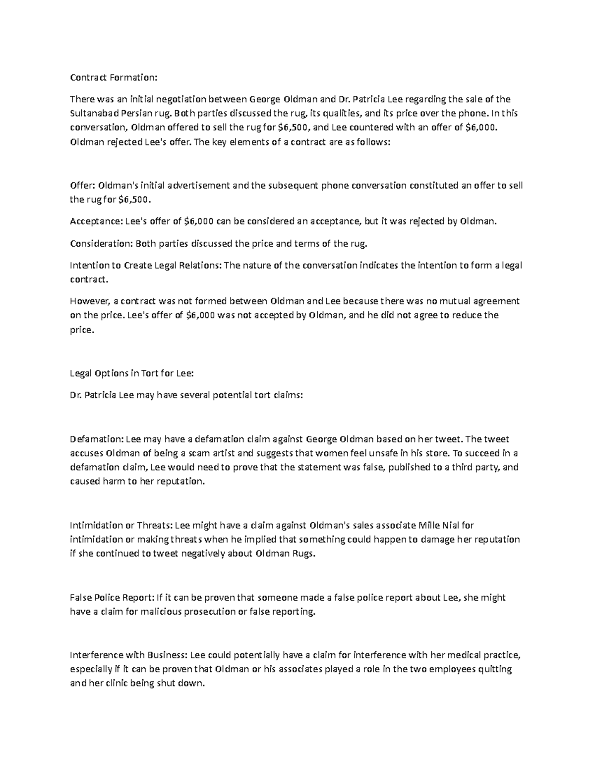Who owns the rug case Draft - Contract Formation: There was an initial ...