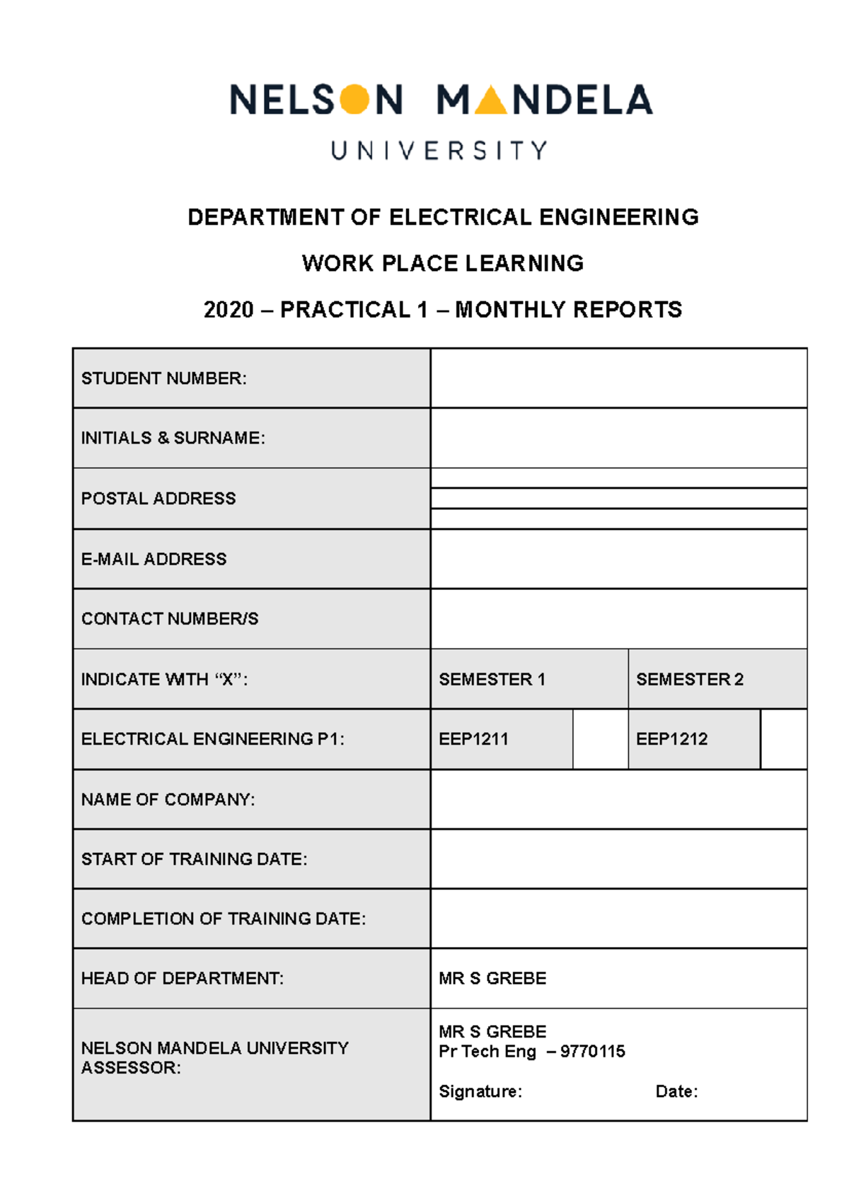 P1 Logbook Monthly Reports2020 DEPARTMENT OF ELECTRICAL ENGINEERING