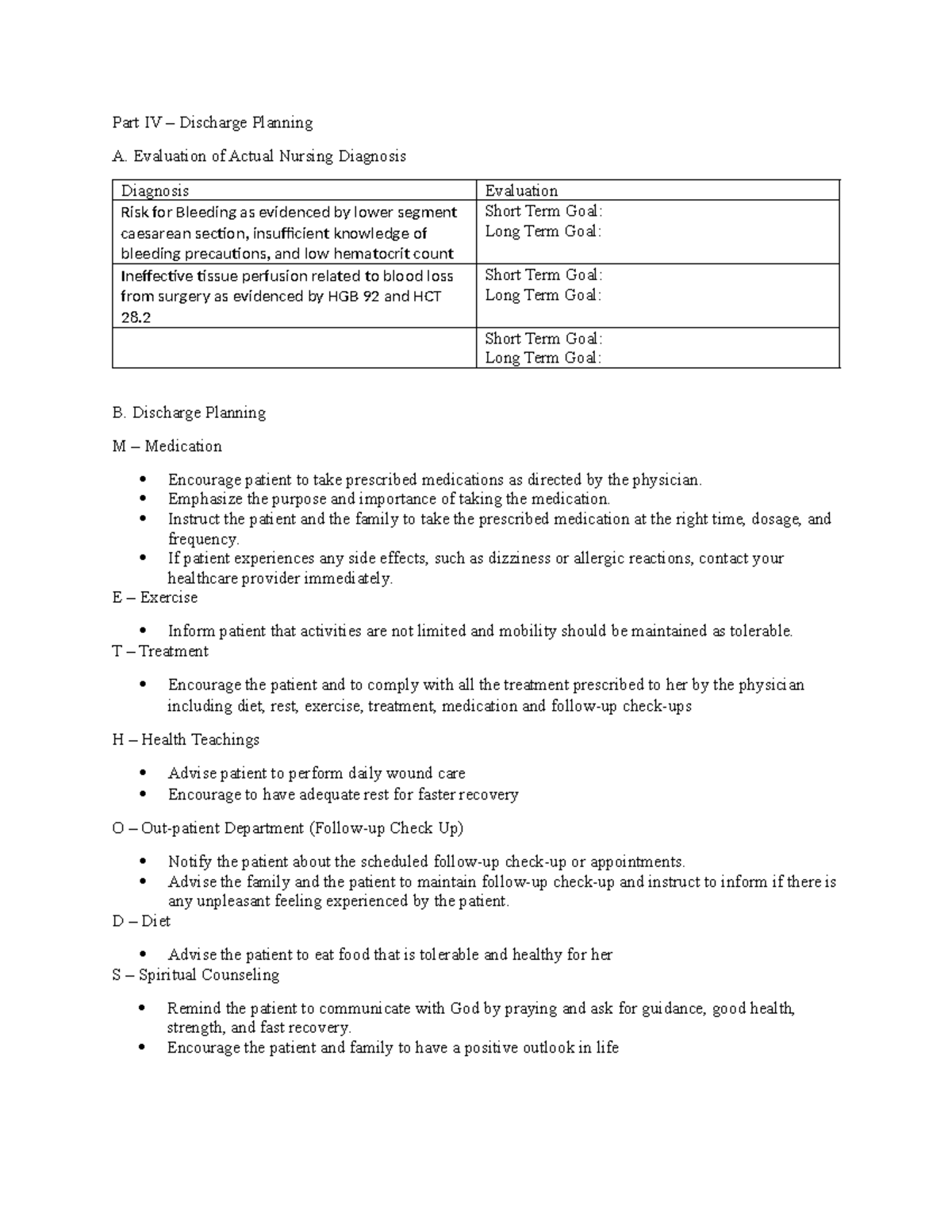 Discharge planning - Part IV – Discharge Planning A. Evaluation of ...