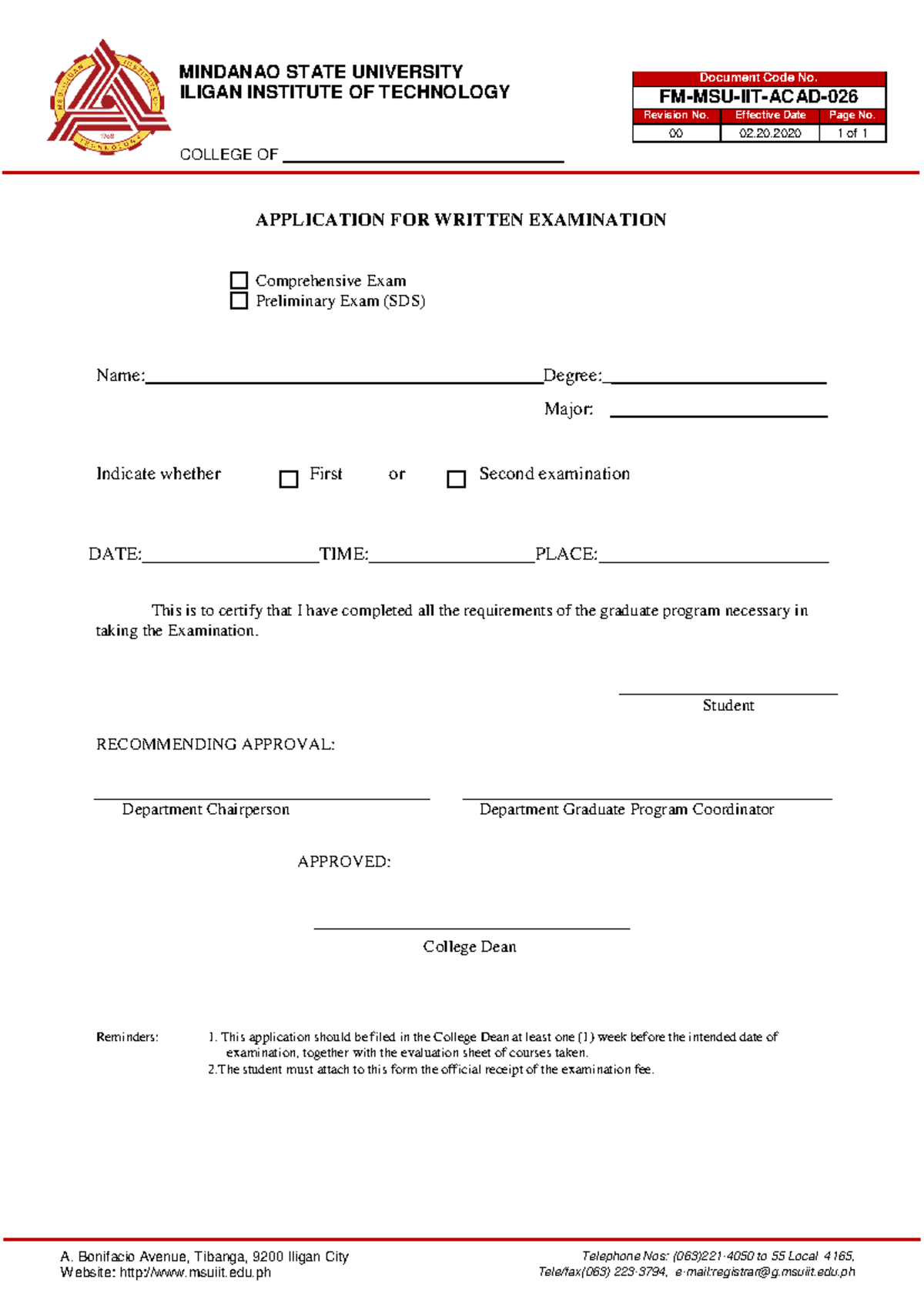 Form 26 Application for Written Exam - MINDANAO STATE UNIVERSITY ILIGAN ...