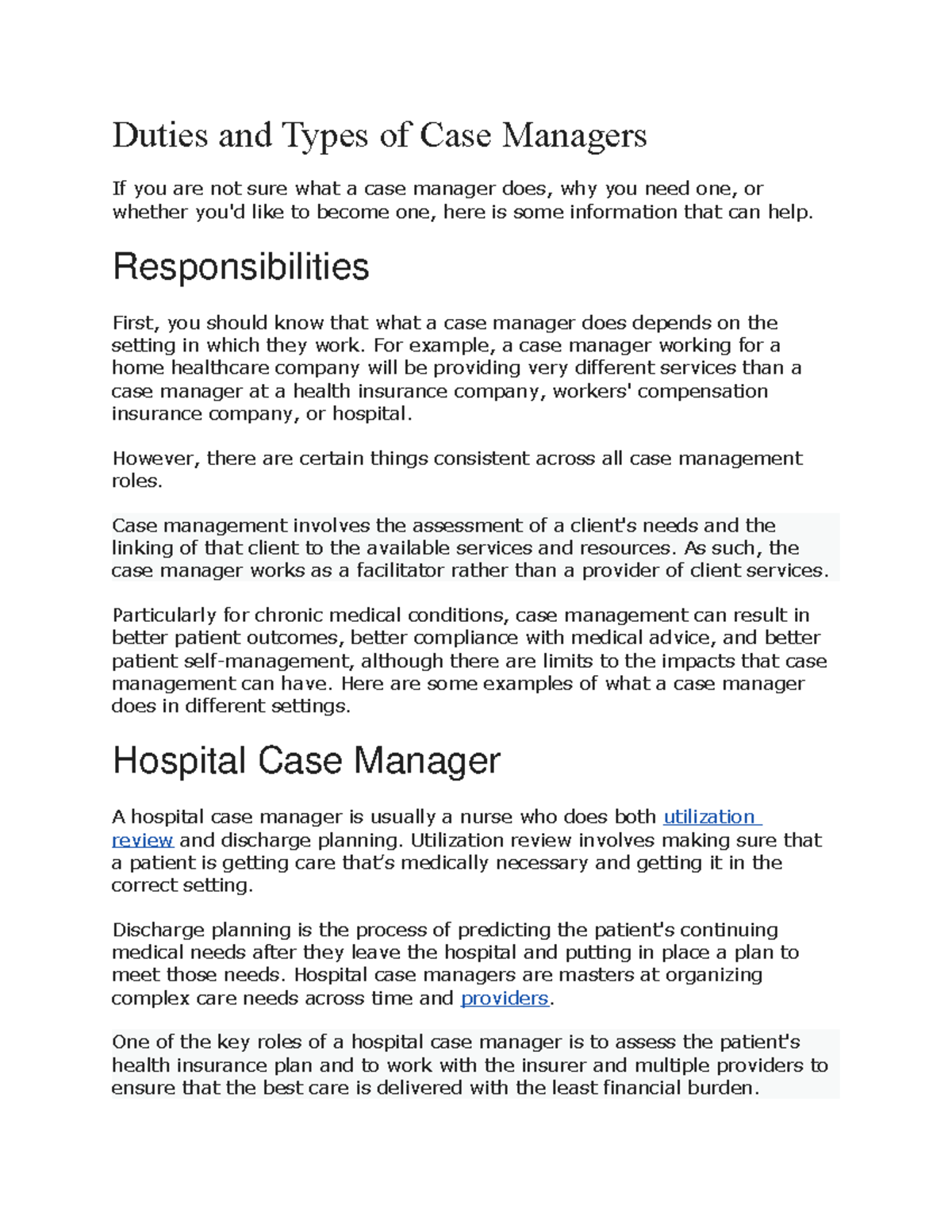 Duties And Types Of Case Managers - Responsibilities First, You Should Know  That What A Case Manager - Studocu