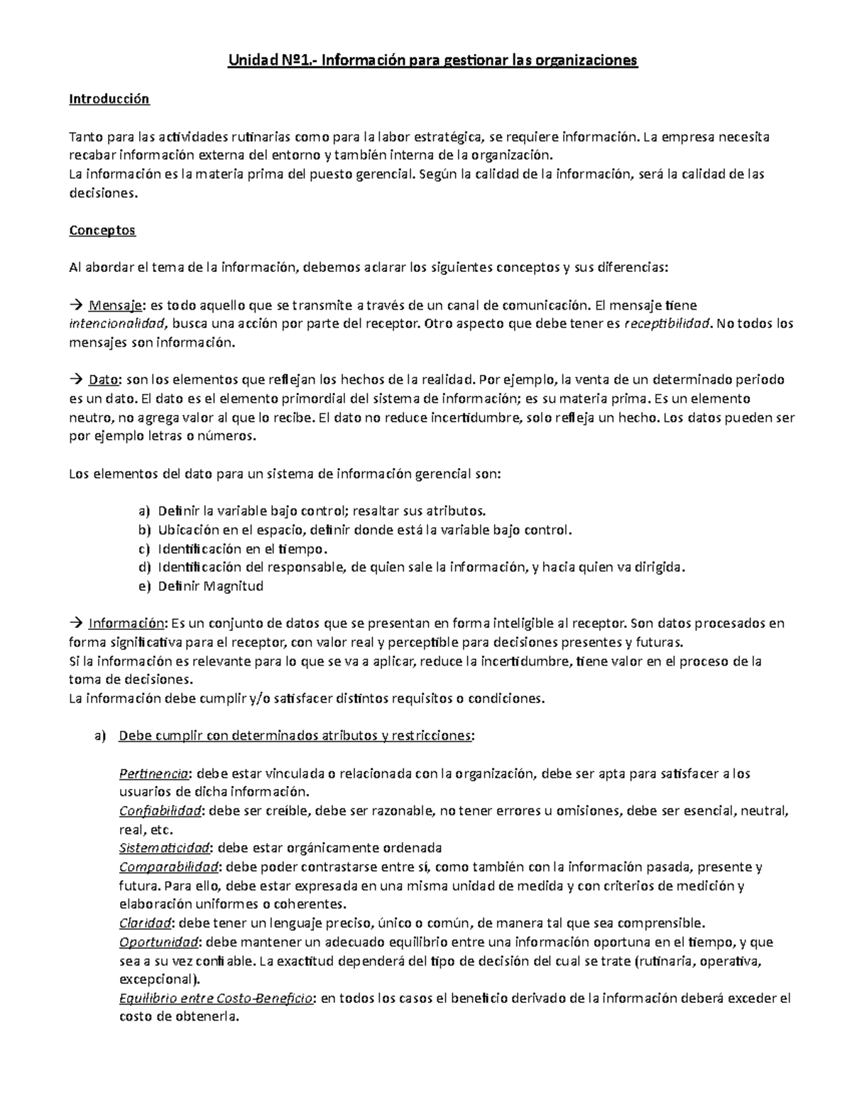 Resumen 1° parcial Informacion para control gerencial. - Unidad Nº1 ...