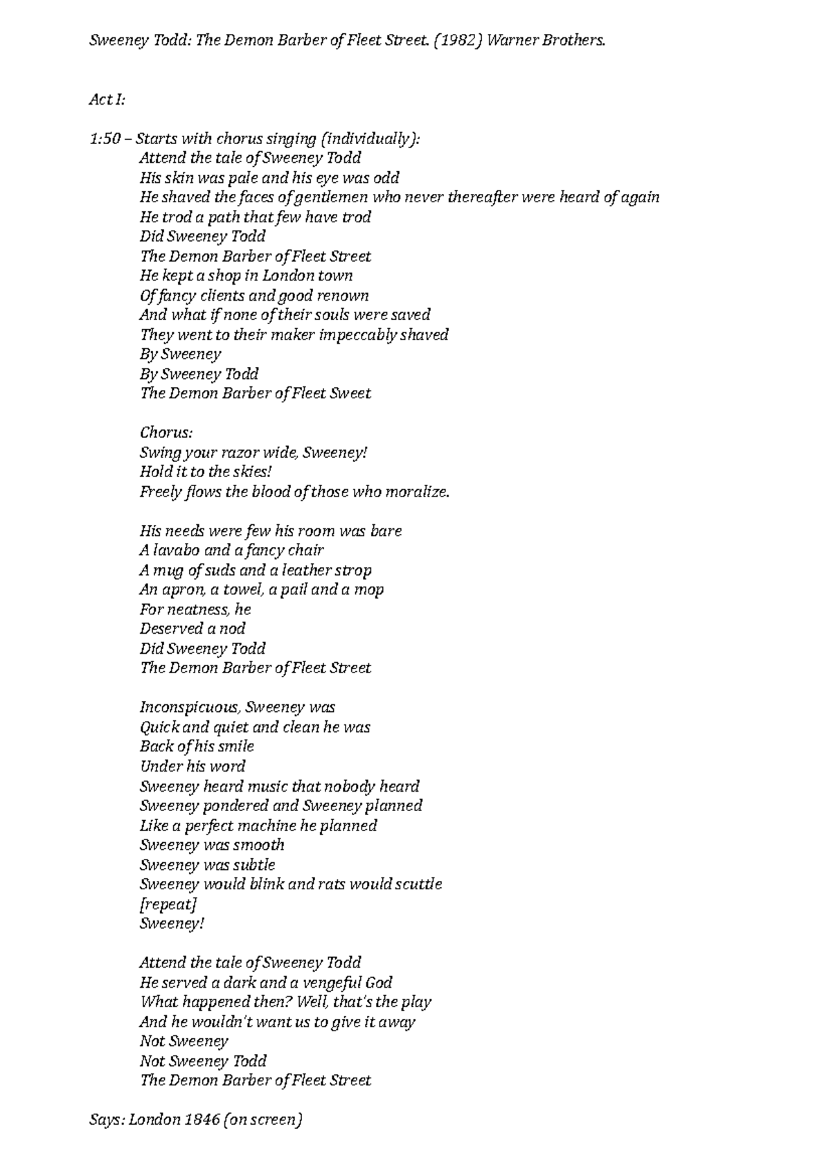 1982 film Sweeney Todd MA. Notes on the 1982 film