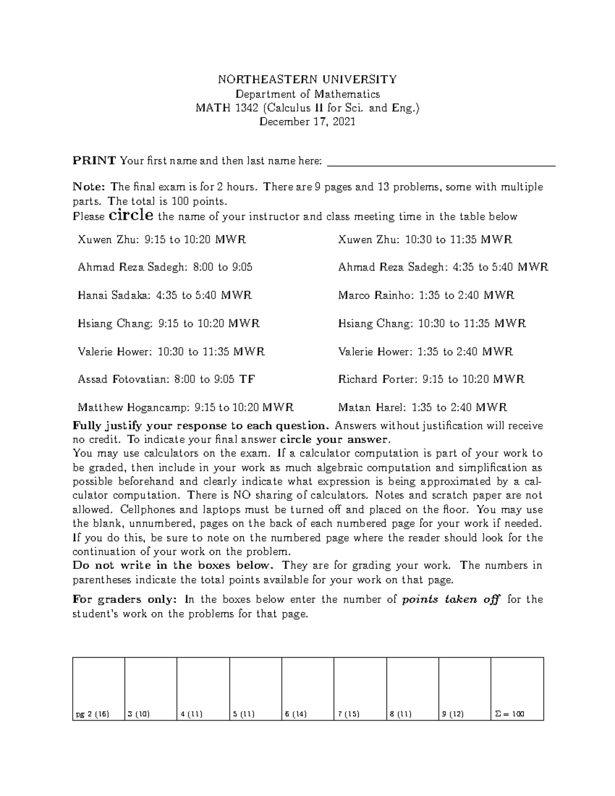 1342 FALL 2021 Final EXAM NORTHEASTERN UNIVERSITY Department of