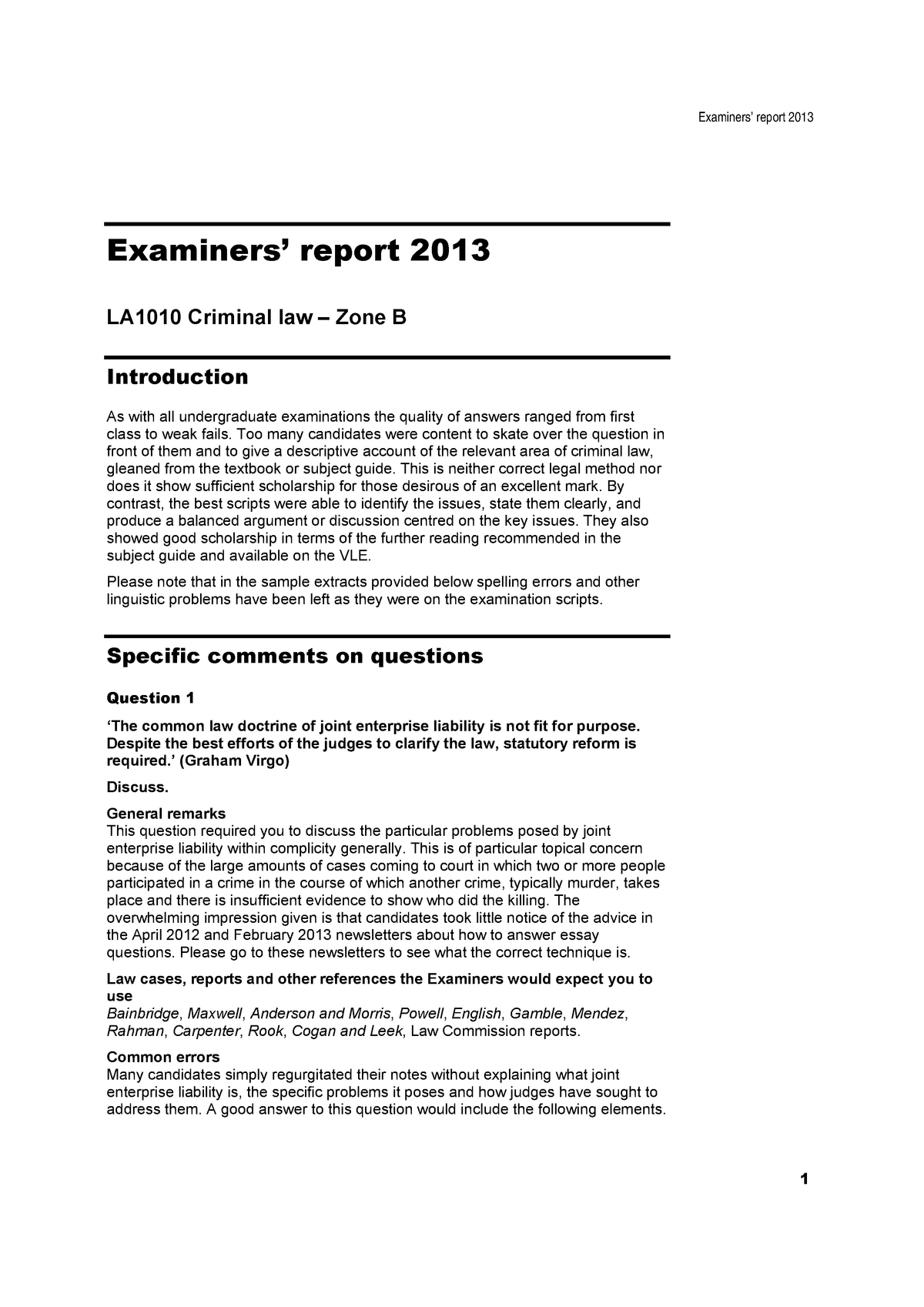 Criminal Law UOL Past Year 2013 ANSWERS Scheme B - Examiners’ Report ...