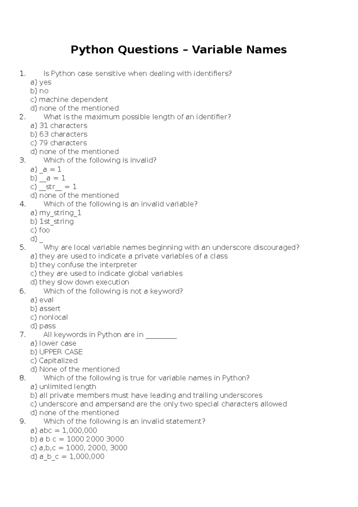 Basic Questions Notes Python Questions Variable Names 1 Is 