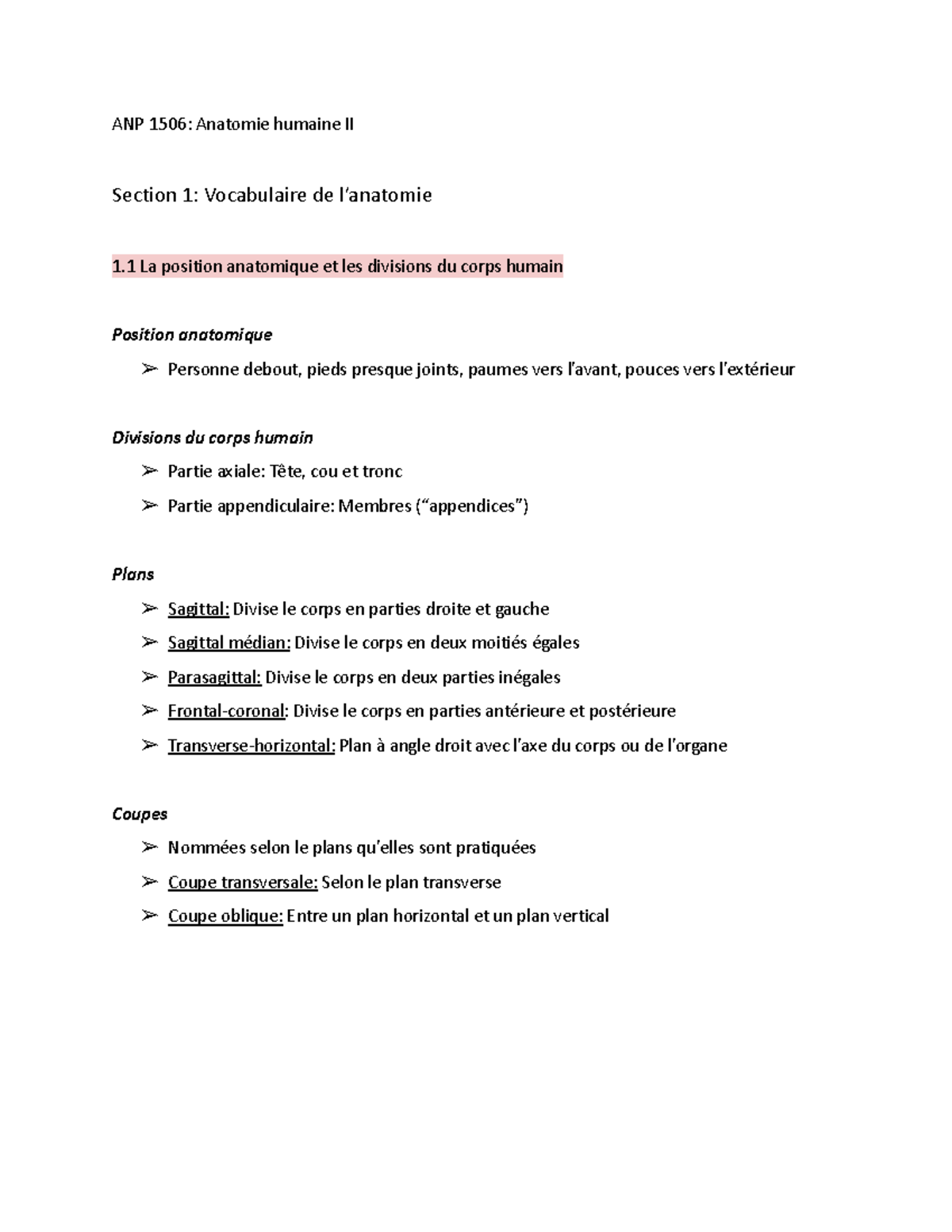 ANP 1506 Notes 1-2.3 - ANP 1506: Anatomie humaine II Section 1 ...