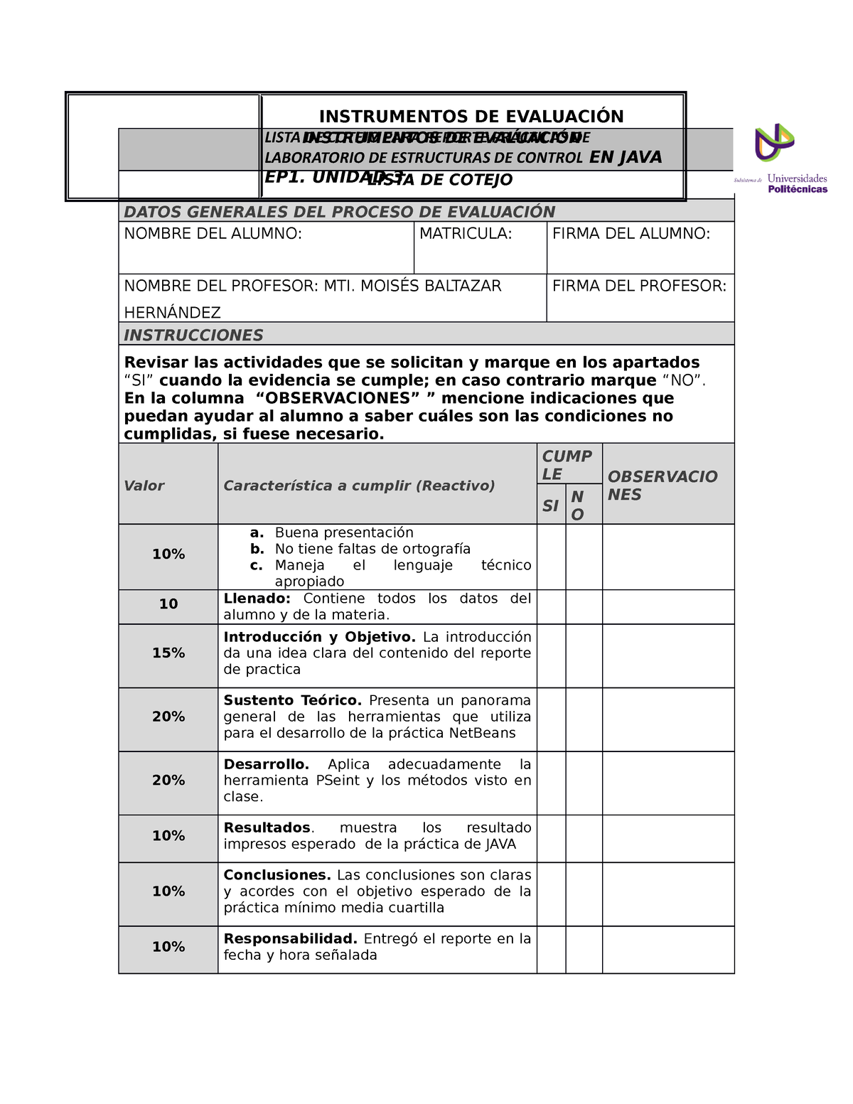 Lista De Cotejo Para Reporte Prácticas De Laboratorio De Estructuras De Control Instrumentos