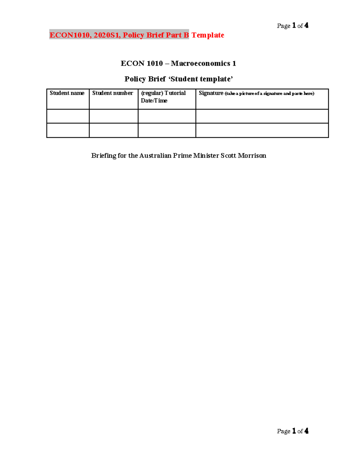 Part B student template - ECON1010, 2020S1, Policy Brief Part B ...
