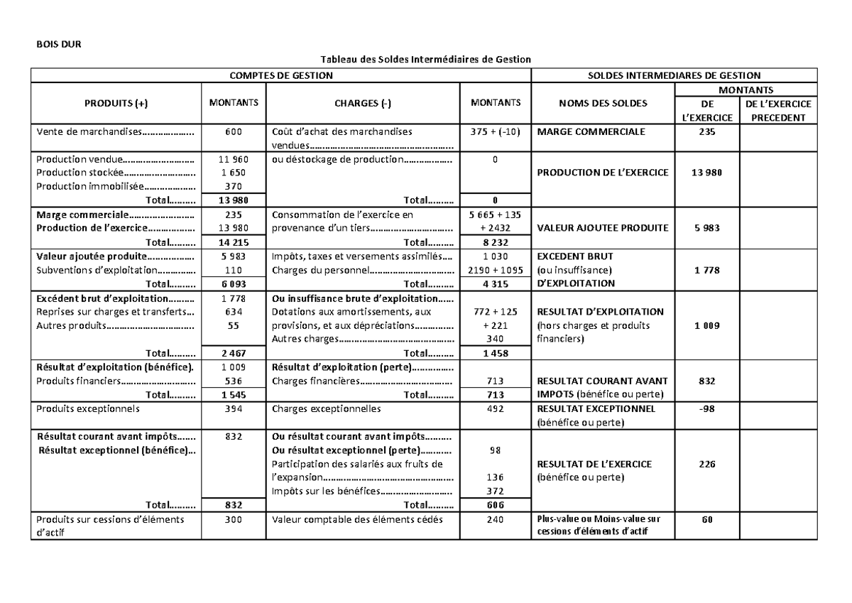TSIG Boisdur Correction - BOIS DUR Tableau des Soldes Intermédiaires de ...