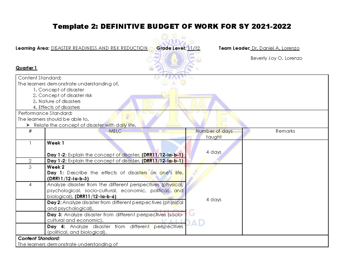 DBOW DRR - DEFINITIVE BUDGET OF WORK - Template 2: DEFINITIVE BUDGET OF ...