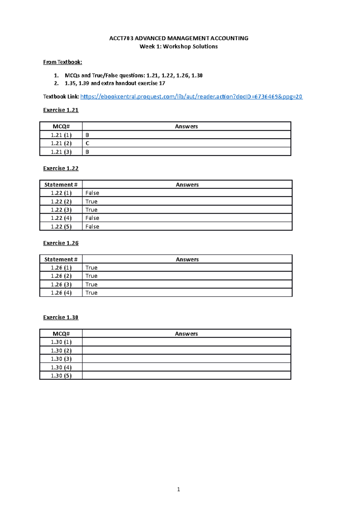 Week 1 Workshop Questions With Solutions - ACCT703 ADVANCED MANAGEMENT ...