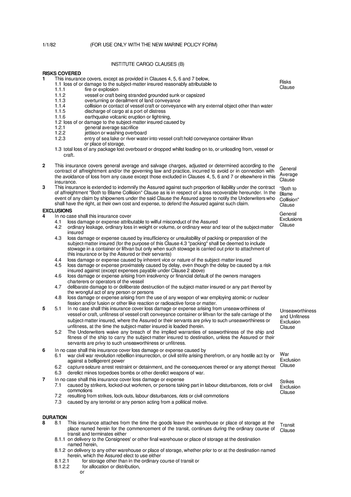 Institute Cargo Clauses B 1982 - 1/1/82 (FOR USE ONLY WITH THE NEW ...