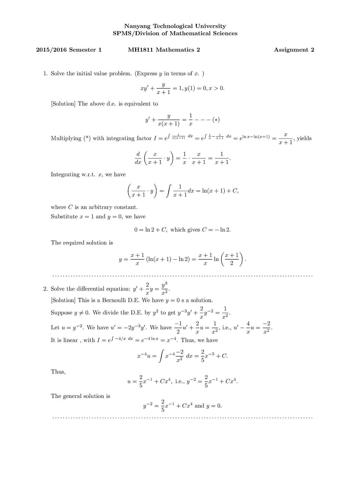 Mh1811 Assignment 2 2015 Week 4 Soln - Nanyang Technological University 