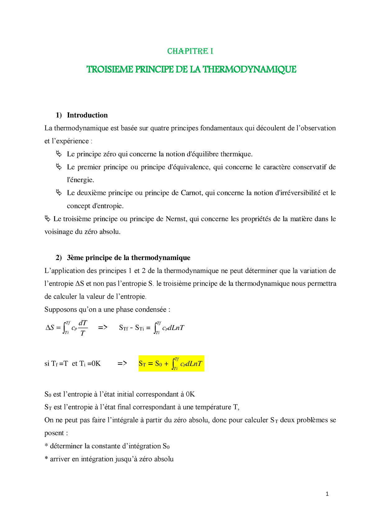 Chapitre 1- Thermochimie - Chapitre I TROISIEME PRINCIPE DE LA ...