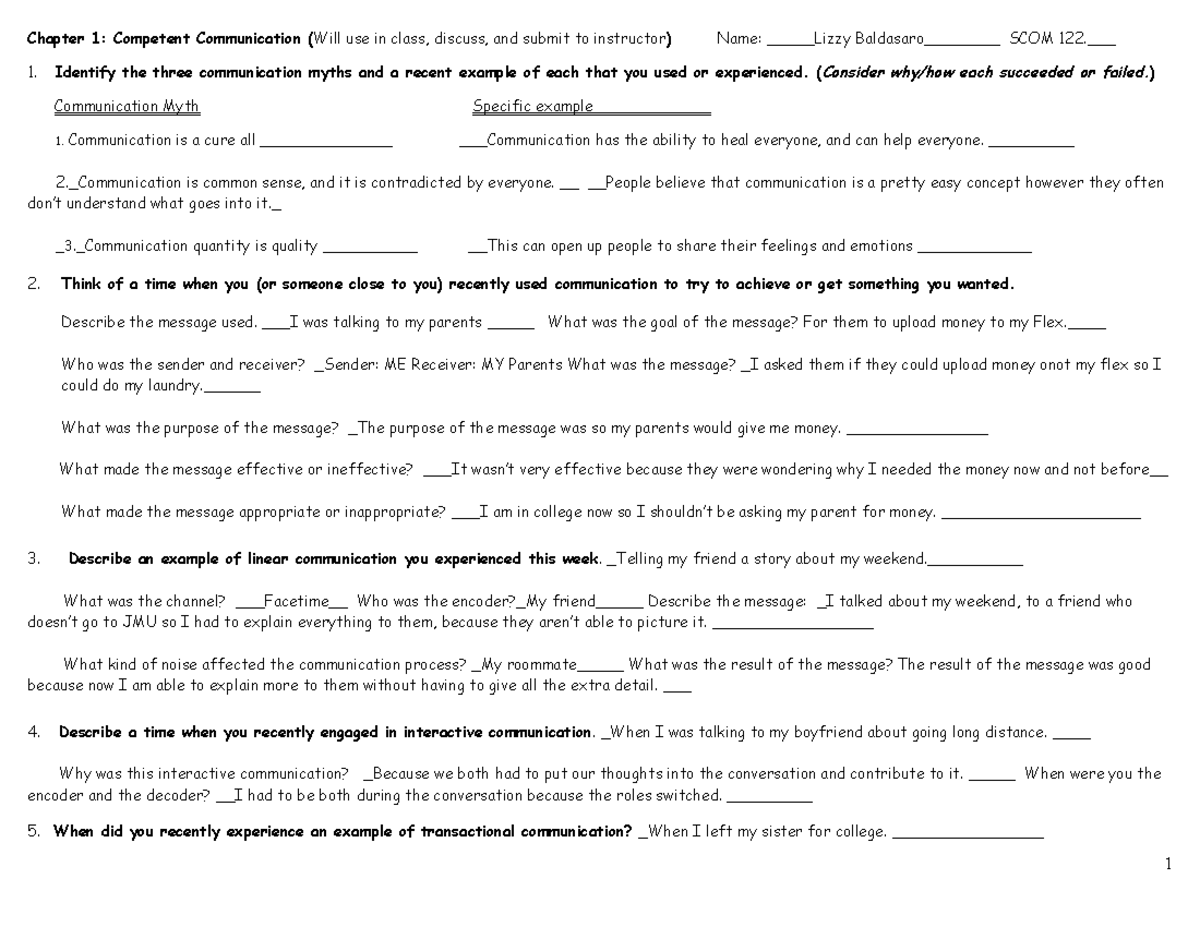 Worksheet-Competent Communication - Chapter 1: Competent Communication ...