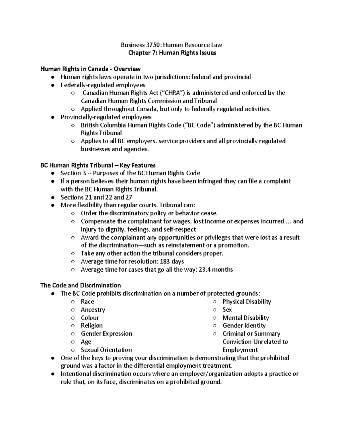 3750 Chapter 7 Human Rights Issues - Business 3750: Human Resource Law ...