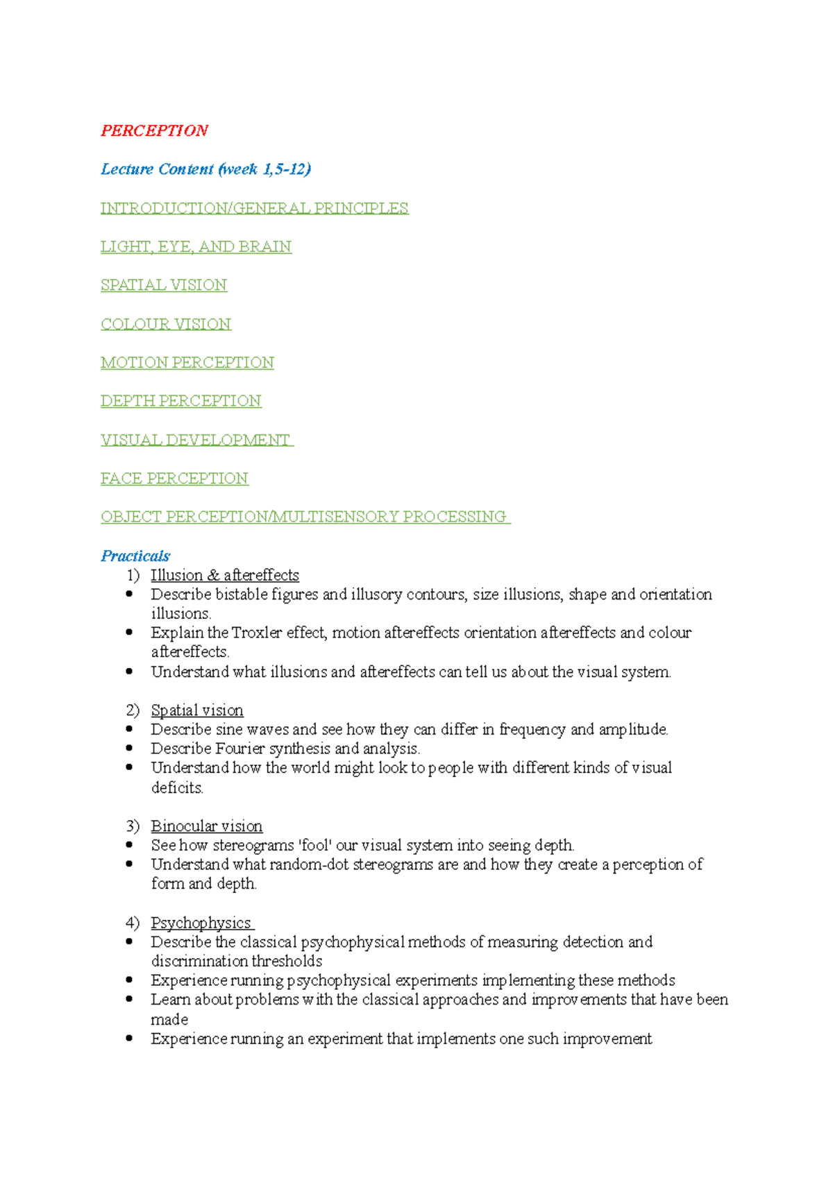 Perception Notes - PERCEPTION Lecture Content (week 1,5-12 ...