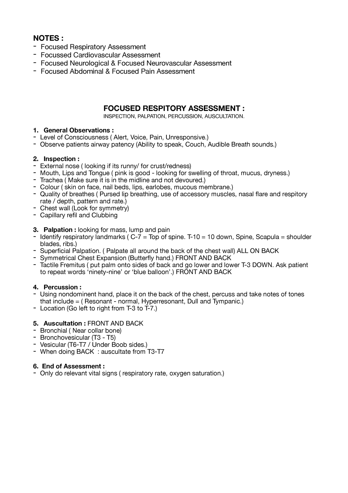 CSA - neuro, cardio and respitory assessment - NOTES : - Focused ...