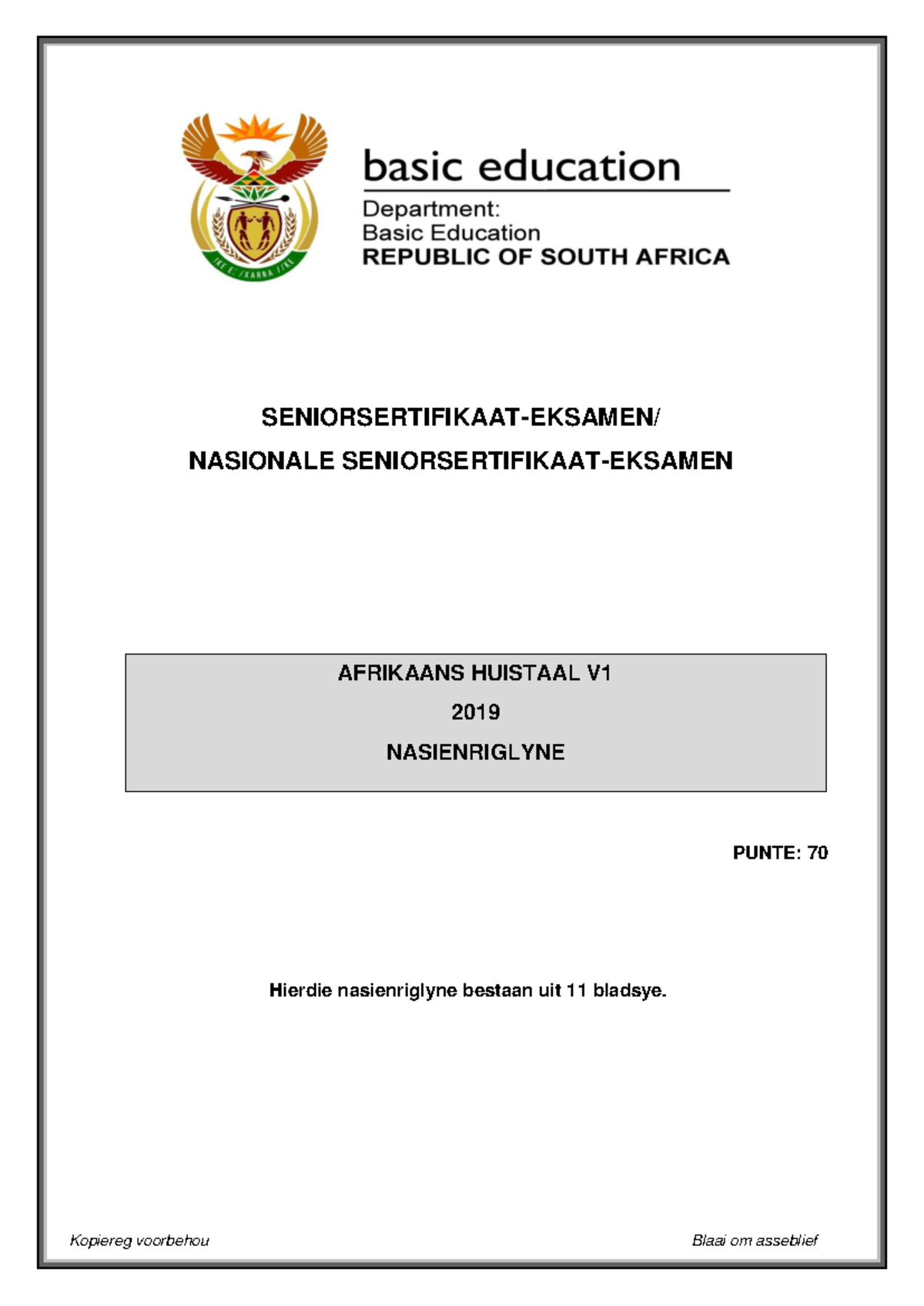 Afrikaans HL P1 May-June 2019 Memo - SENIORSERTIFIKAAT-EKSAMEN ...