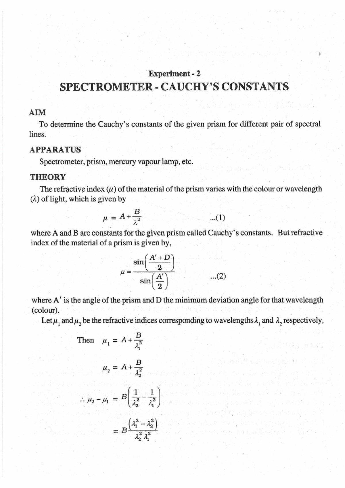 Spectrometer Cauchy's constant AIM SPECTROMETERCAUCHY'S CONSTANTS To