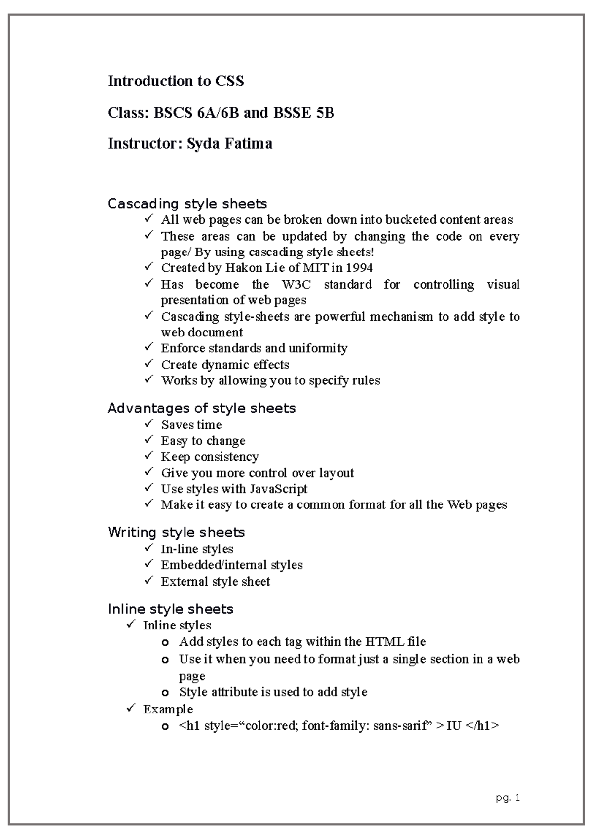 CSS notes part 1 - machibne - Introduction to CSS Class: BSCS 6A/6B and ...