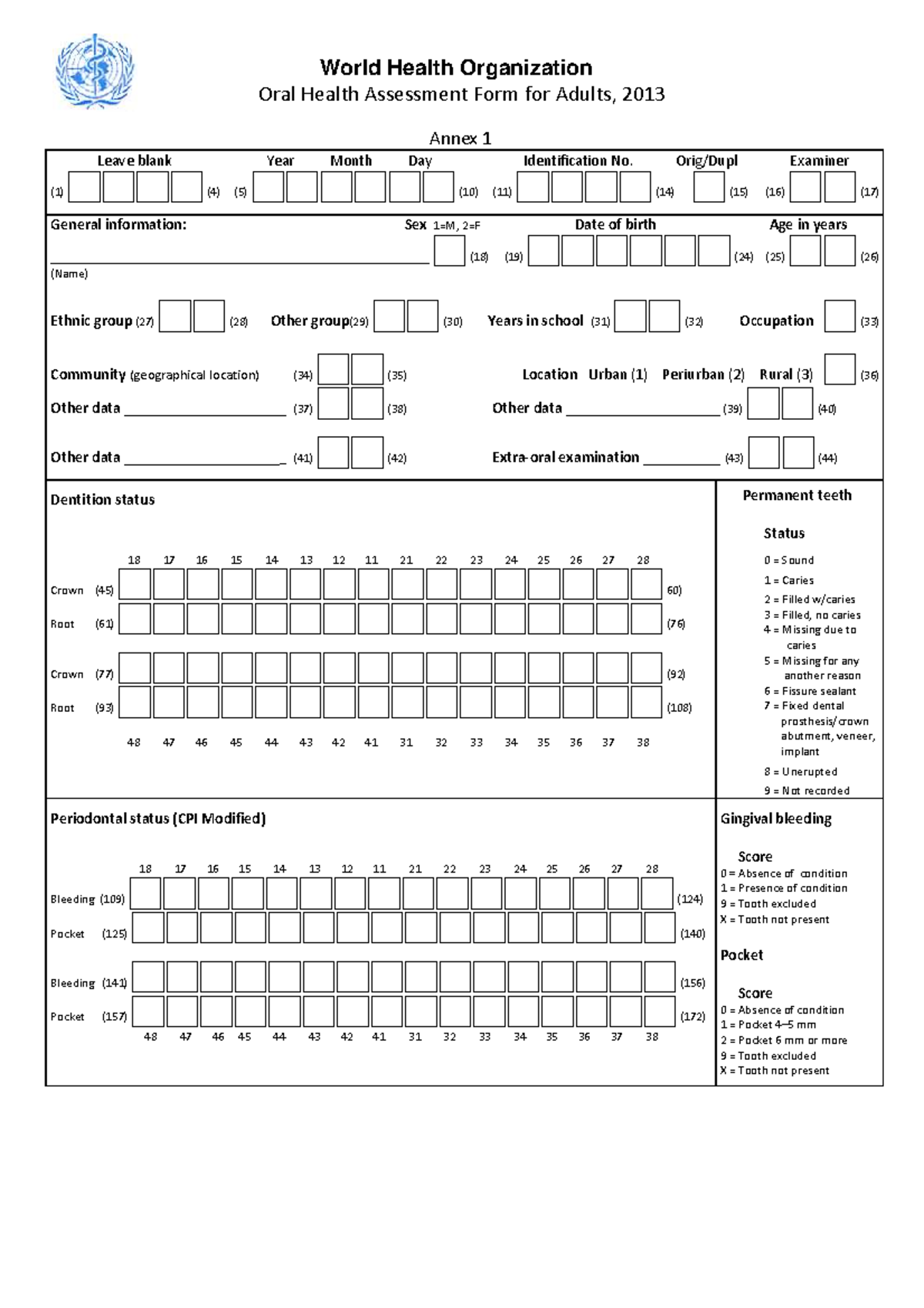 WHO Oral Health Assessment Form World Health Organization Oral Health 