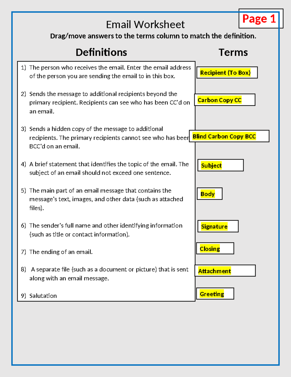 Email Worksheet computer Science Page 1 Email Worksheet Drag/move