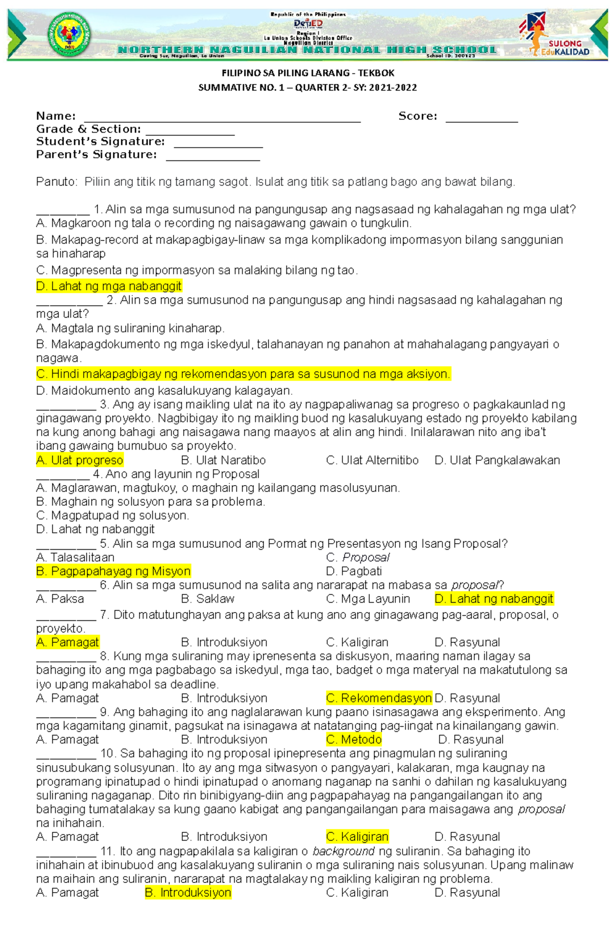 Filipino Summative 1 - Q2 - FILIPINO SA PILING LARANG - TEKBOK ...