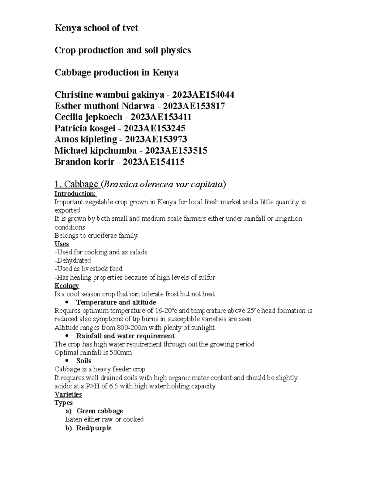 Cabbage 1-1-2 - research notes - Kenya school of tvet Crop production ...