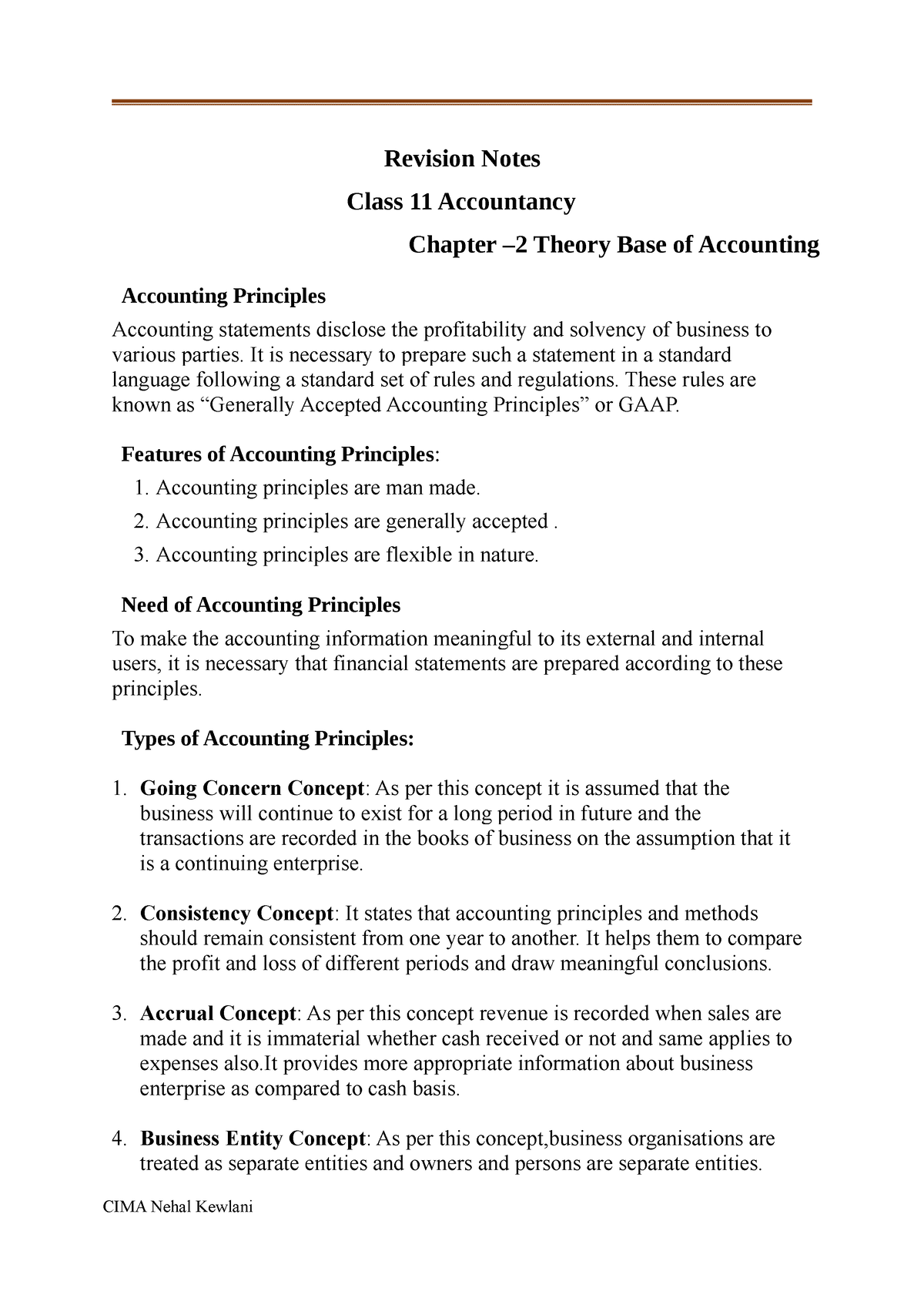 Class 11 Accountancy Chapter-2 Revision Notes - Revision Notes Class 11