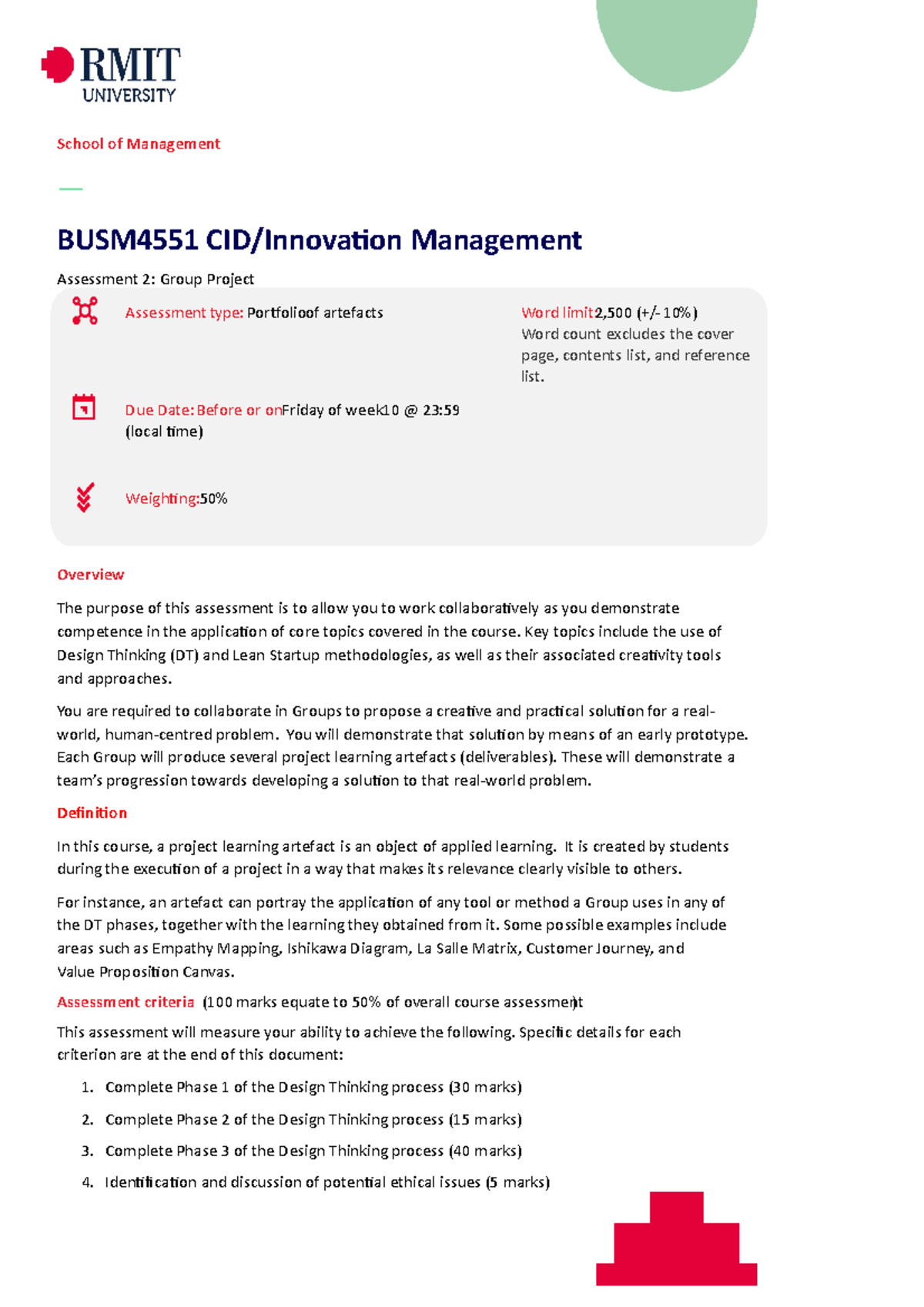 BUSM4551 Assessment Task 2 - School of Management — BUSM4551 CID ...