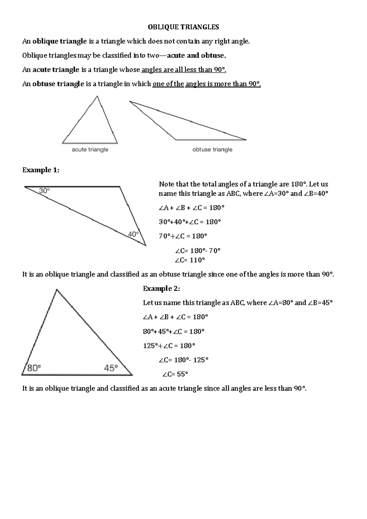 Oblique- Triangles - OBLIQUE TRIANGLES An oblique triangle is a ...