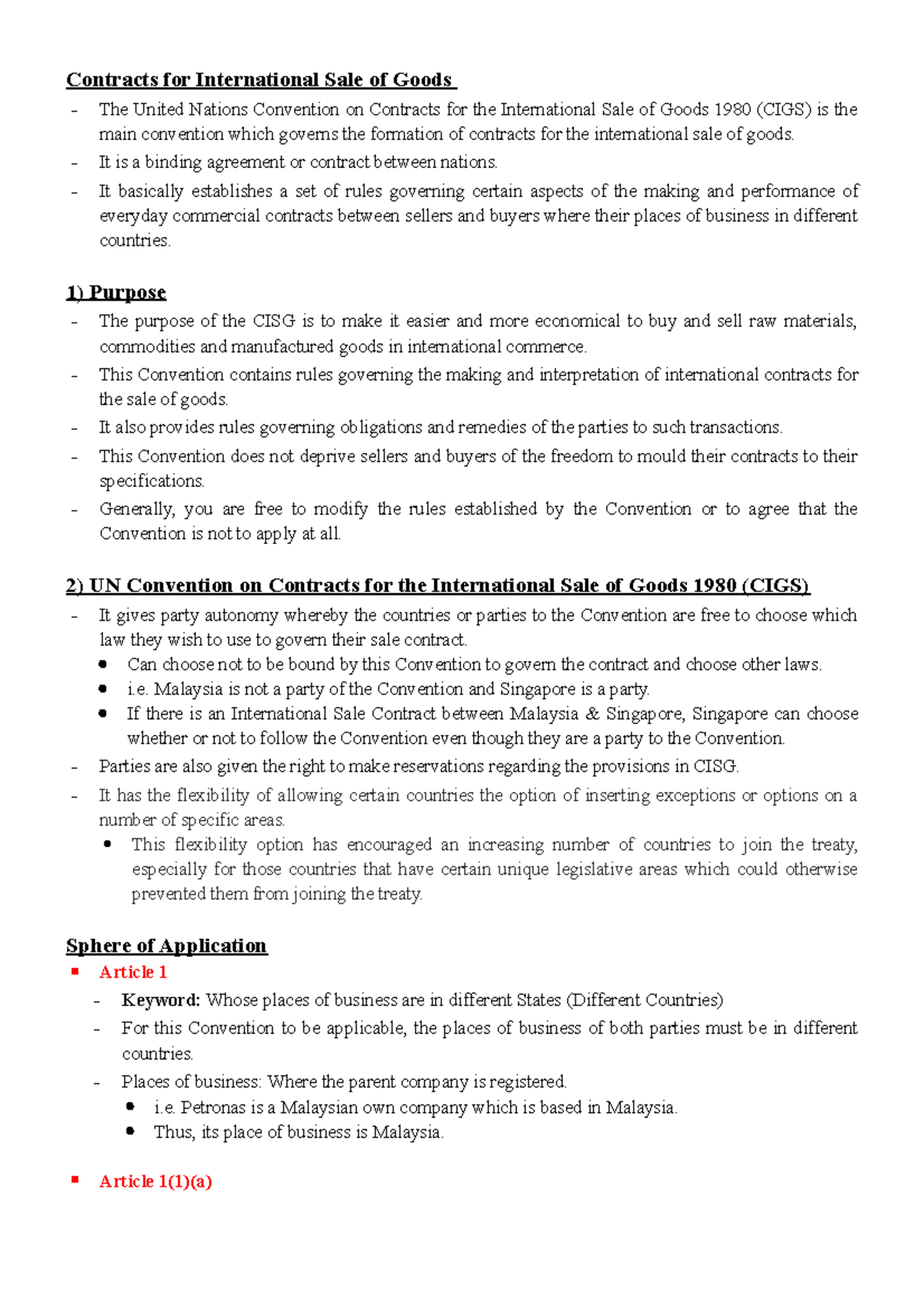 CISG notes Contracts for International Sale of Goods The United