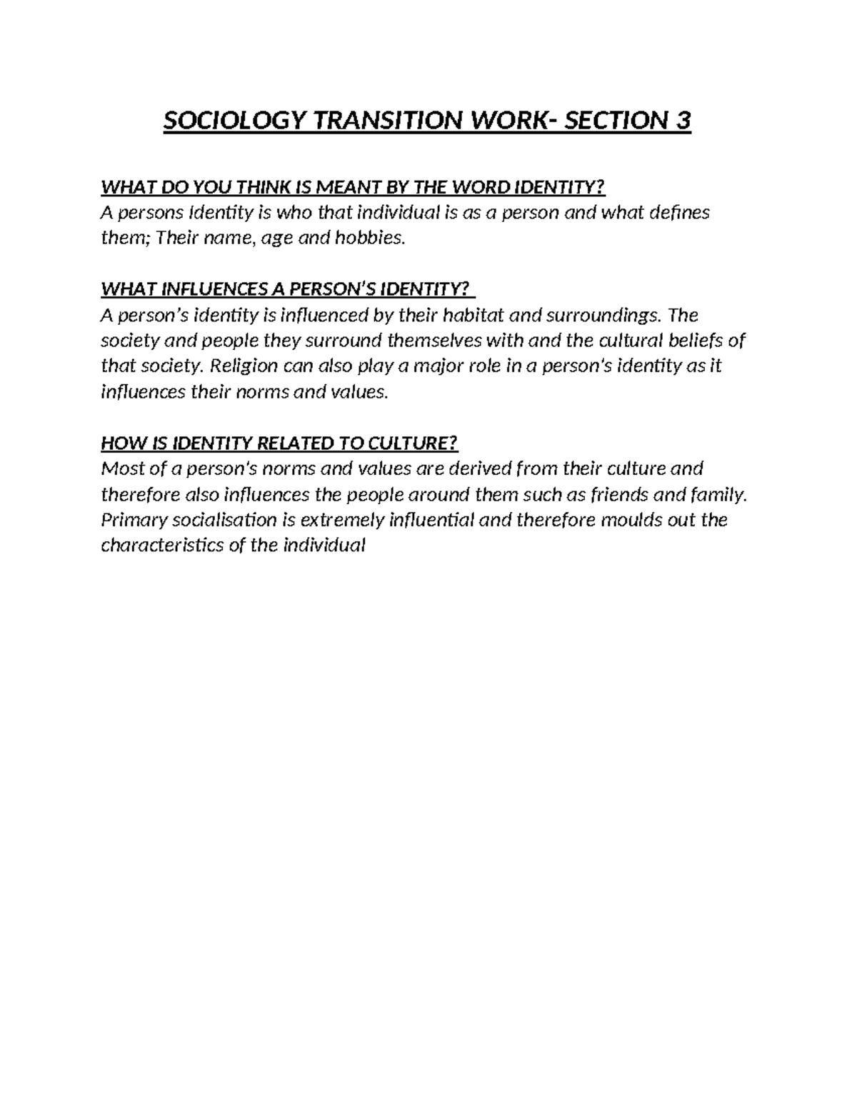 Sociology transition work - SOCIOLOGY TRANSITION WORK- SECTION 3 WHAT ...
