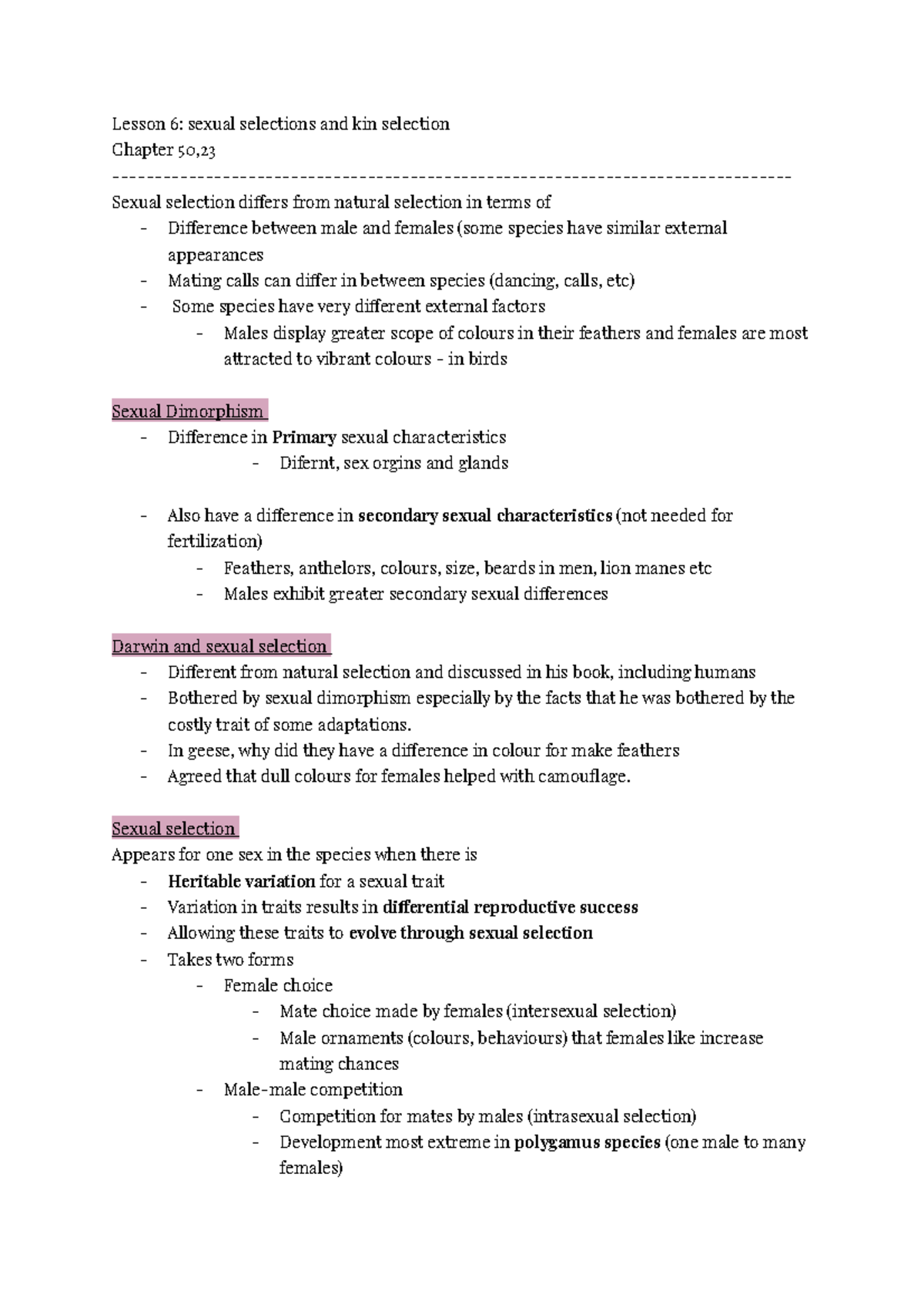 Bisc 102- lesson 6 notes - Lesson 6: sexual selections and kin ...