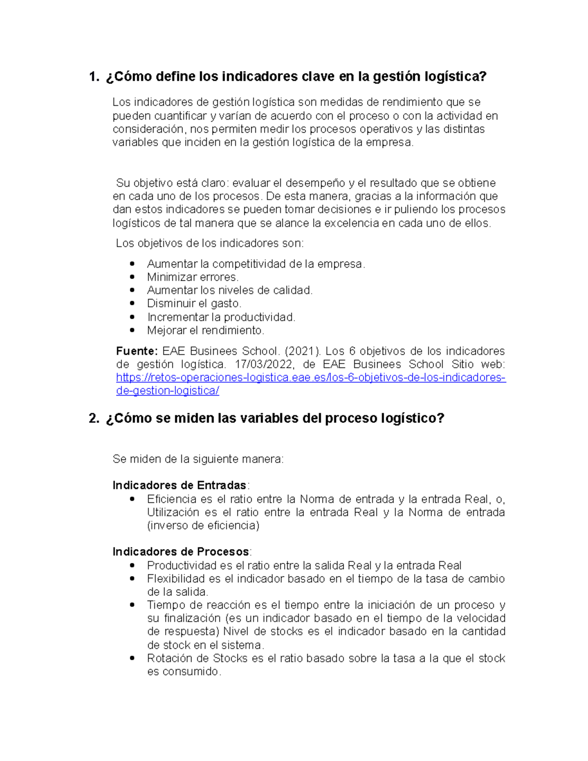 Cómo define los indicadores clave en la gestión logística 1. ¿Cómo