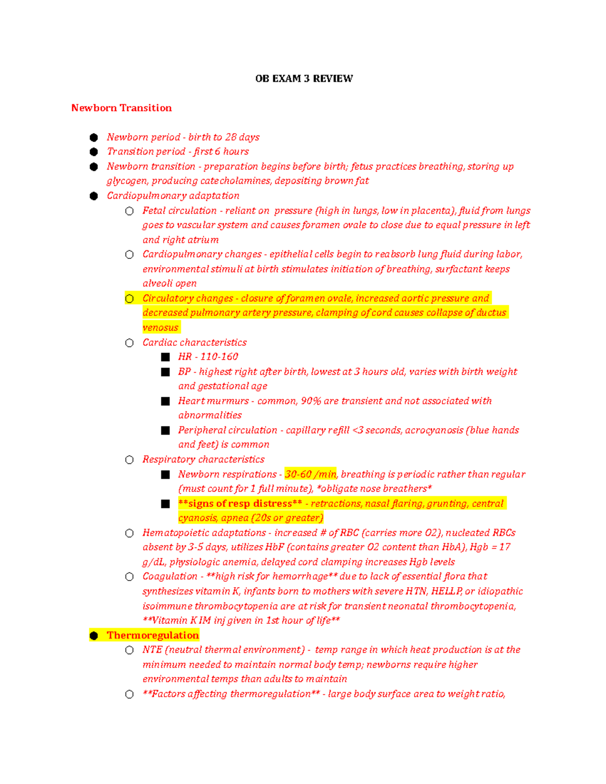 OB exam 3 study guide - OB EXAM 3 REVIEW Newborn Transition Newborn ...