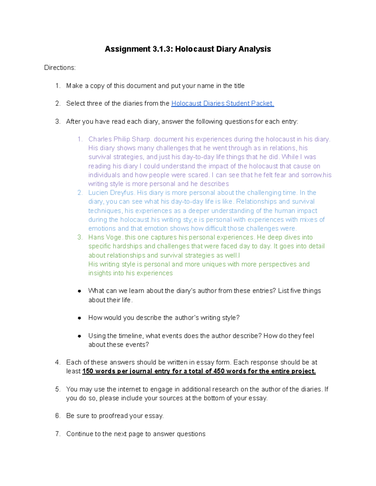 Copy of Assignment 3.1.3 Holocaust Diaries - Assignment 3.1: Holocaust ...