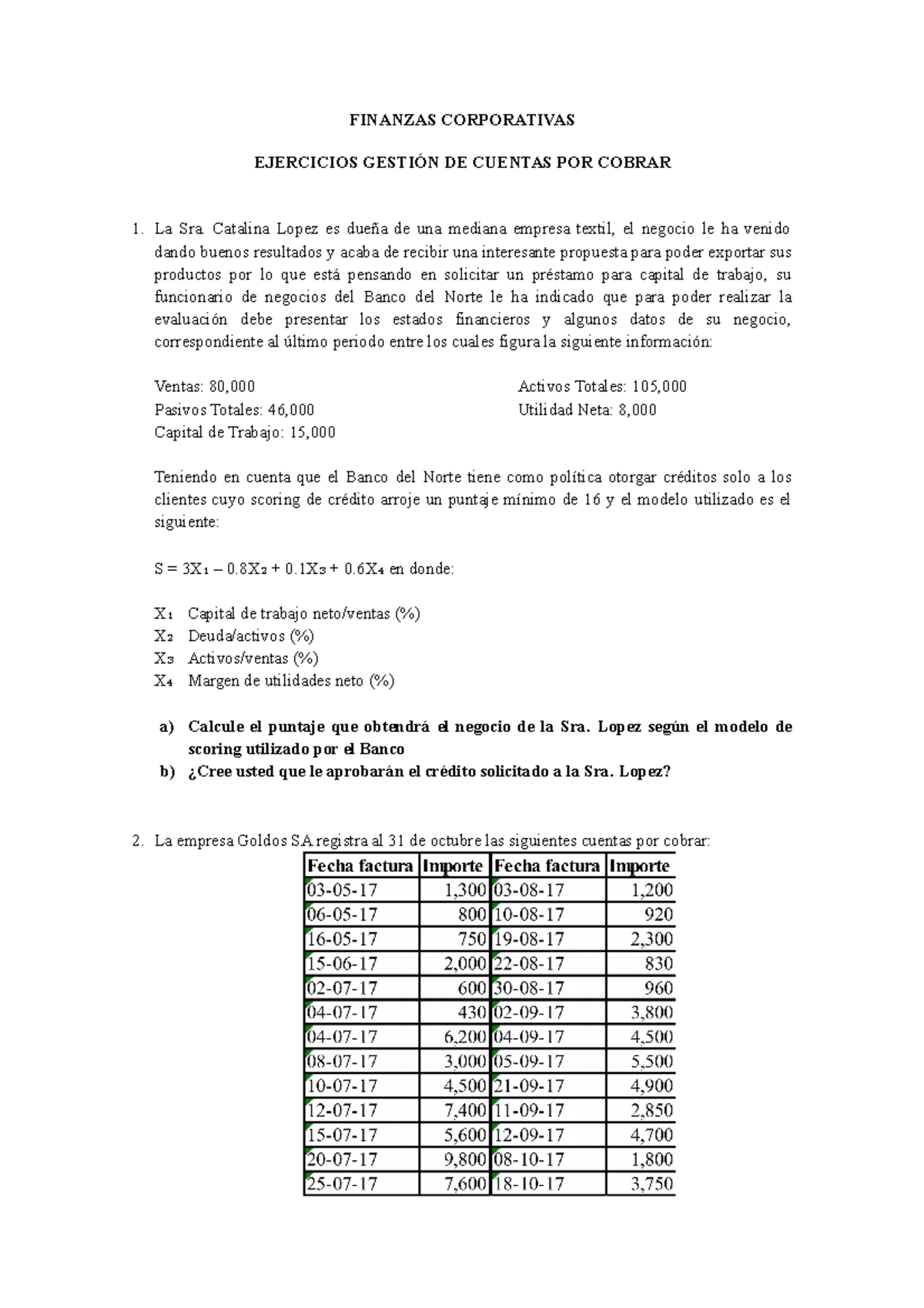 Ejercicios CTAS POR Cobrar - FINANZAS CORPORATIVAS EJERCICIOS GESTIÓN ...