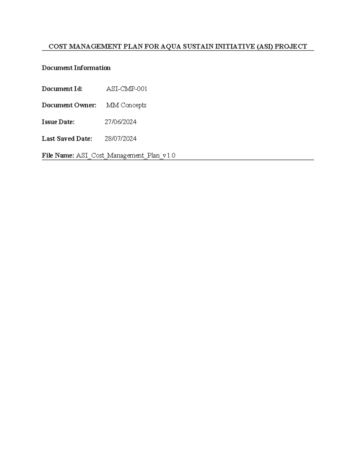 Image showcasing Cost Management Plan for Aqua Sustain Initiative updated - COST ...