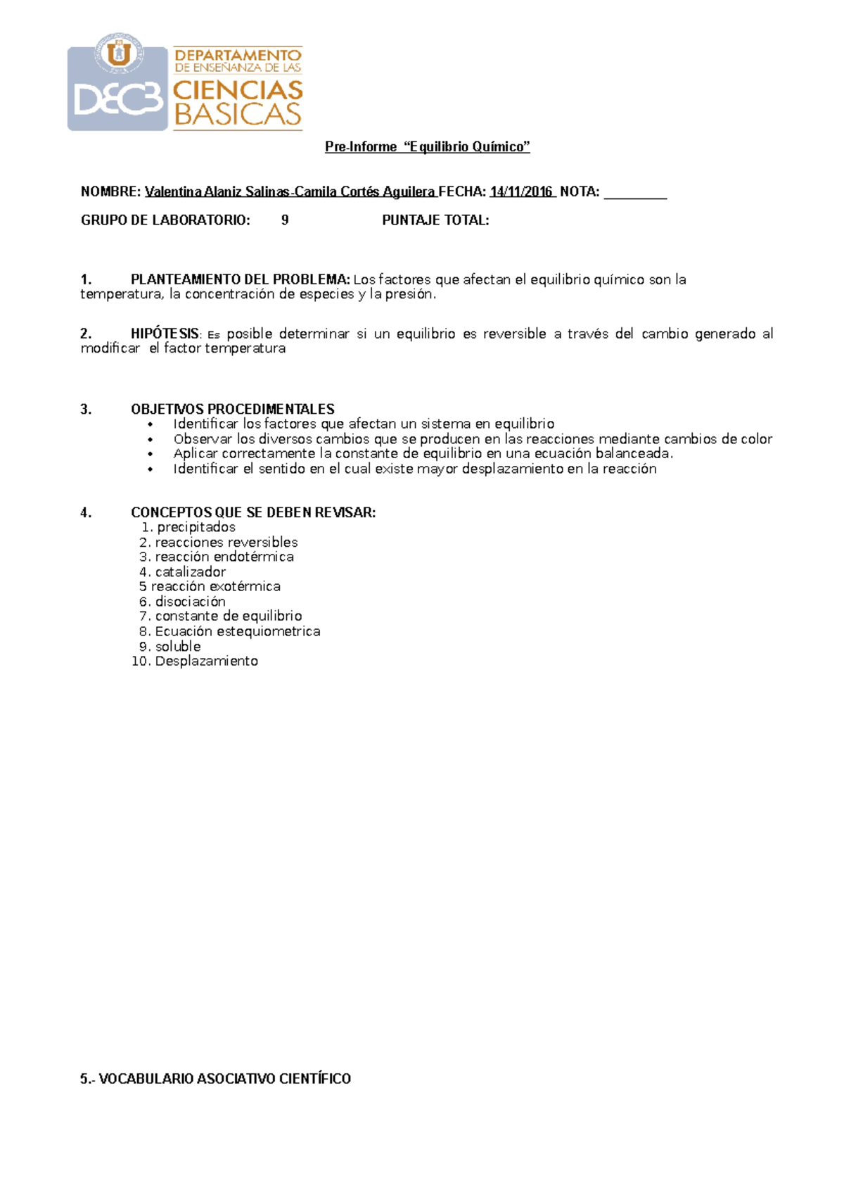 Pre Informe Lab 6 Equilibrio Químico - Pre-Informe “Equilibrio Químico ...