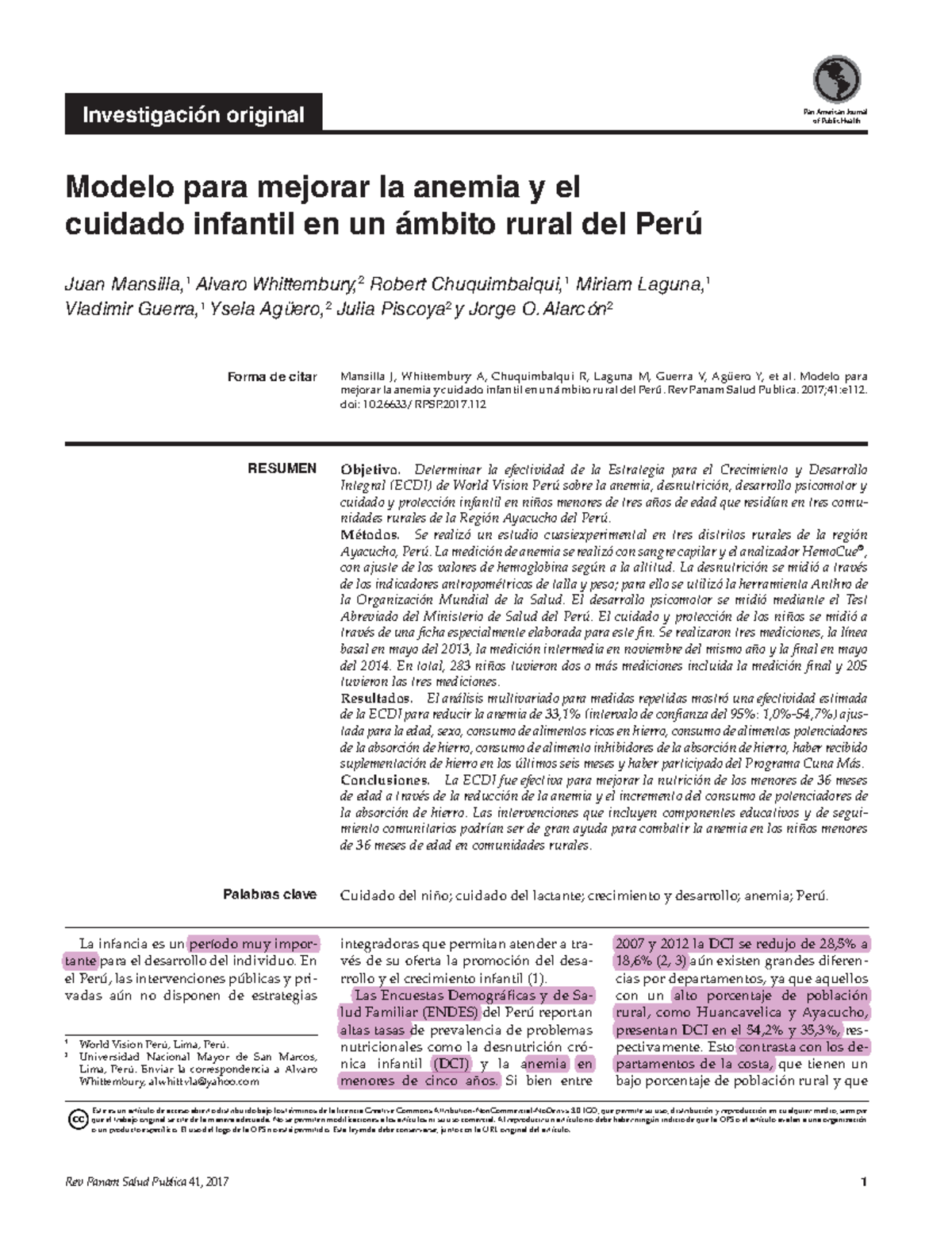 Anemia En Las Zonas Rurales Del Perú , Experimento Con WVP - Modelo ...