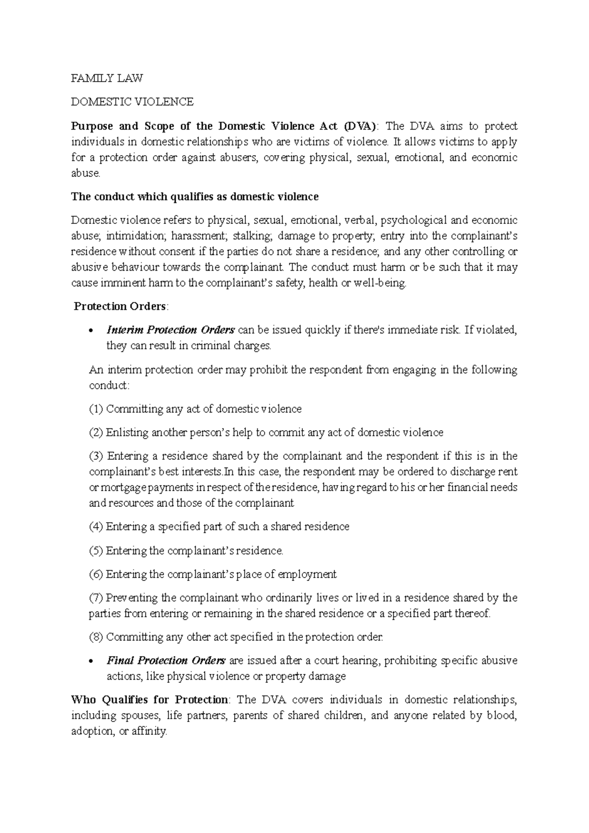 Family law - notes - FAMILY LAW DOMESTIC VIOLENCE Purpose and Scope of ...