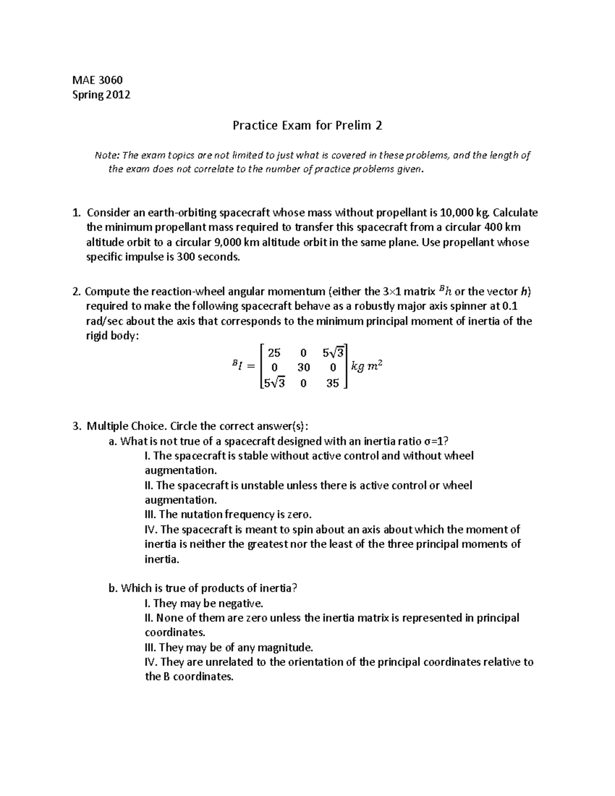 Practice Exam for Prelim 2 - MAE 3060 Spring 2012 Practice Exam for ...