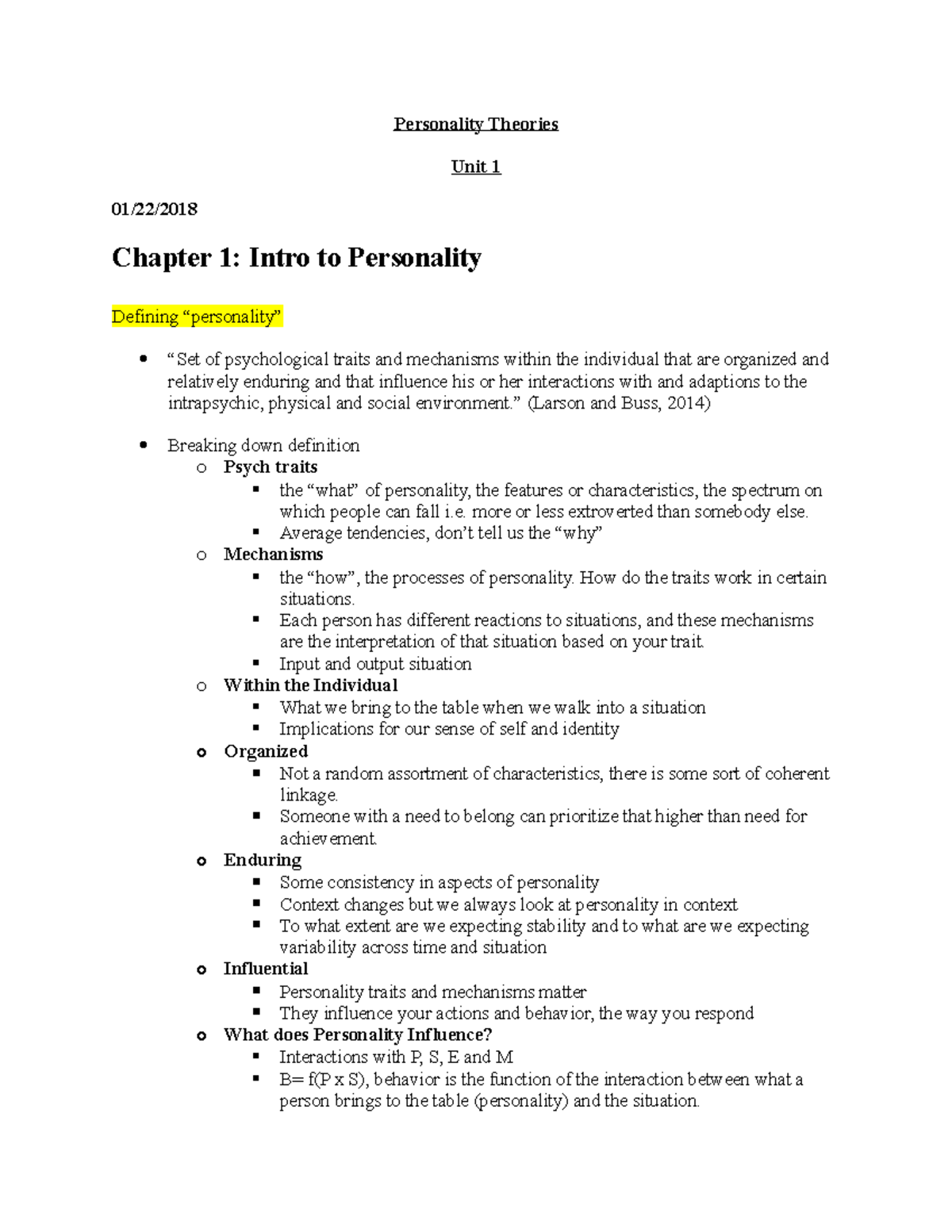 Personality Theories Unit 1 - Personality Theories Unit 1 01/22 ...