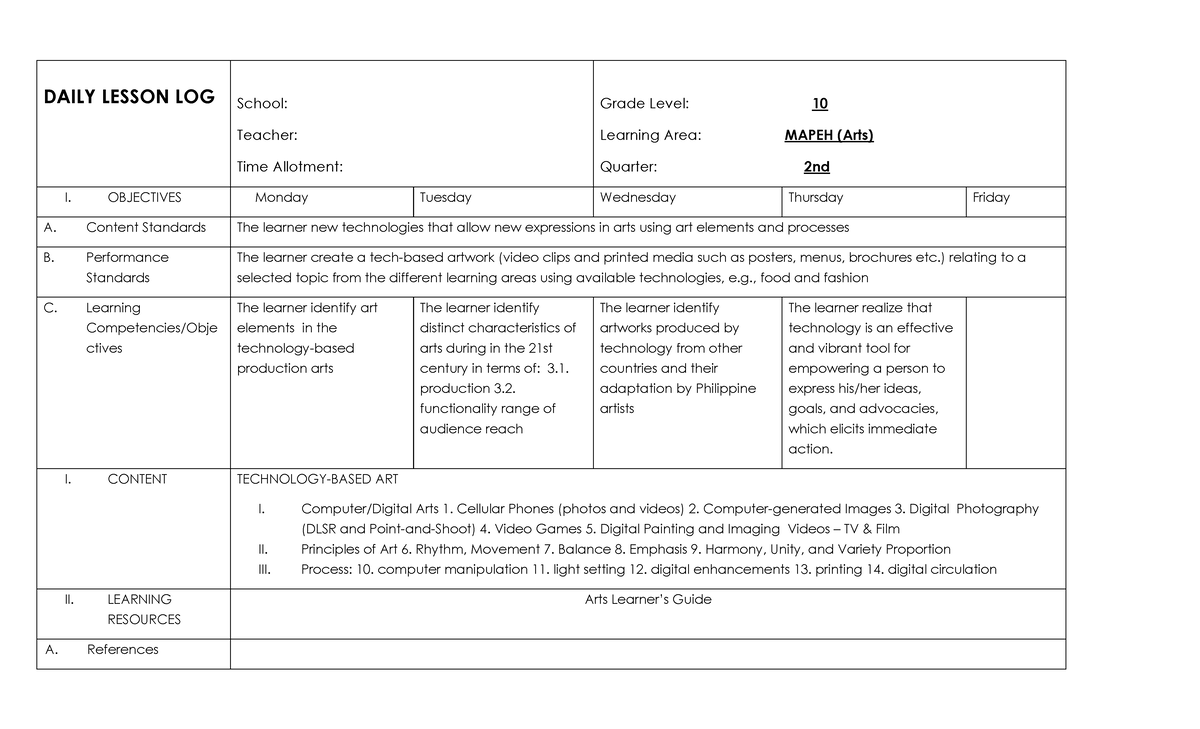 Mapeh 10 ARTS 2nd Grading 1 - DAILY LESSON LOG School: Teacher: Time ...
