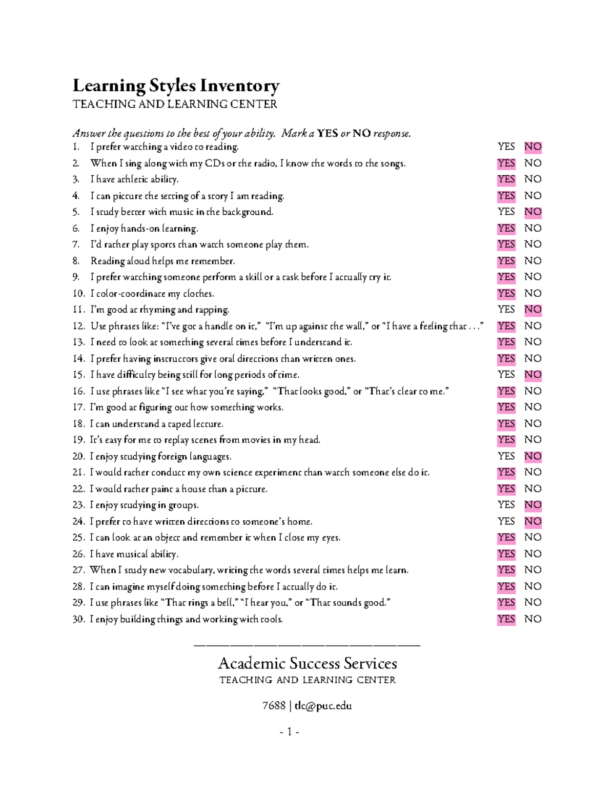 Appendix 1 (Learning Styles Inventory Topic 1 ...