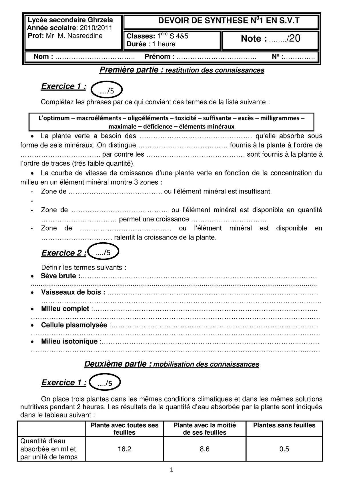 Devoir De Synthèse N°1 - SVT - 1ère AS (2010-2011 ) Mr Mechergui ...