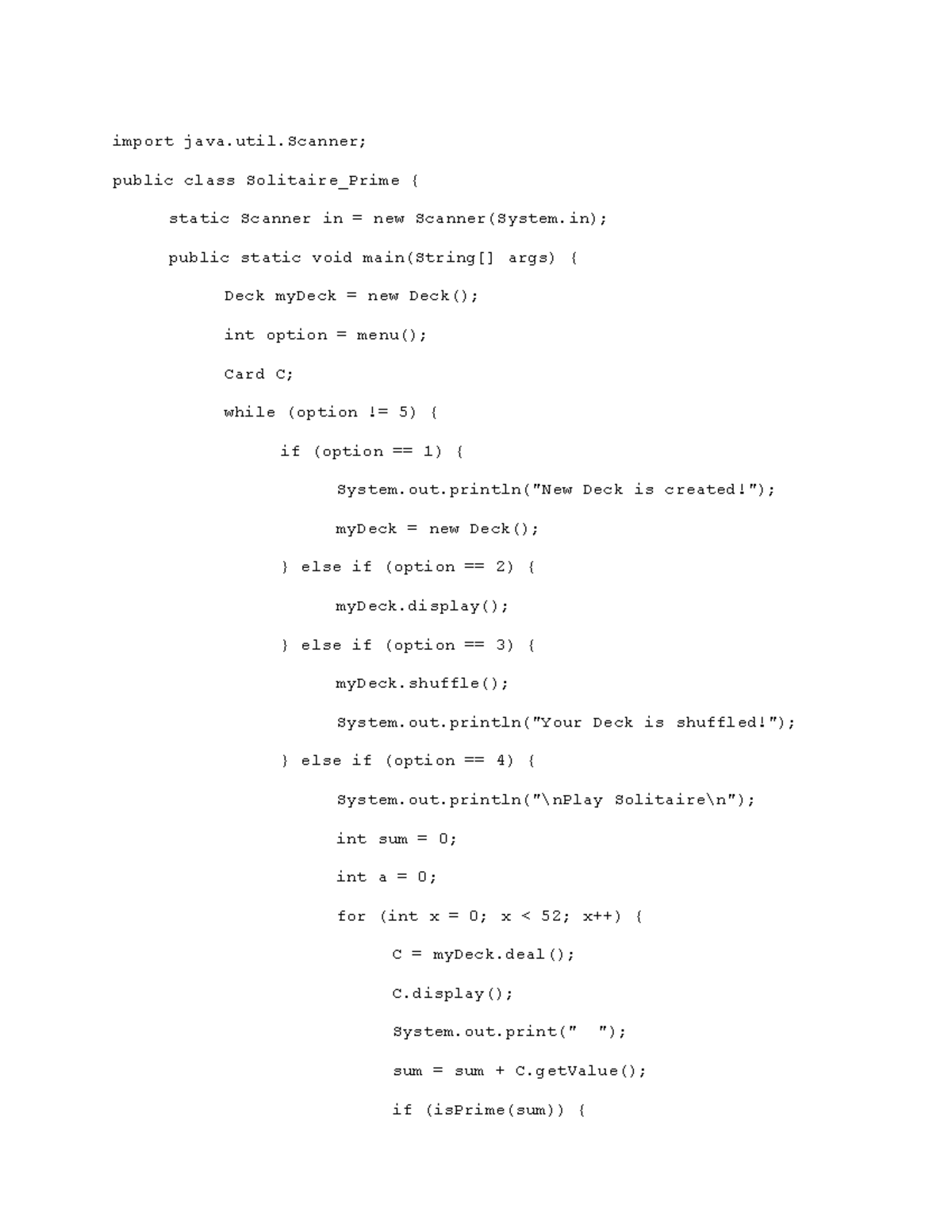 Java- Solitaire Prime - import java.util; public class Solitaire_Prime ...